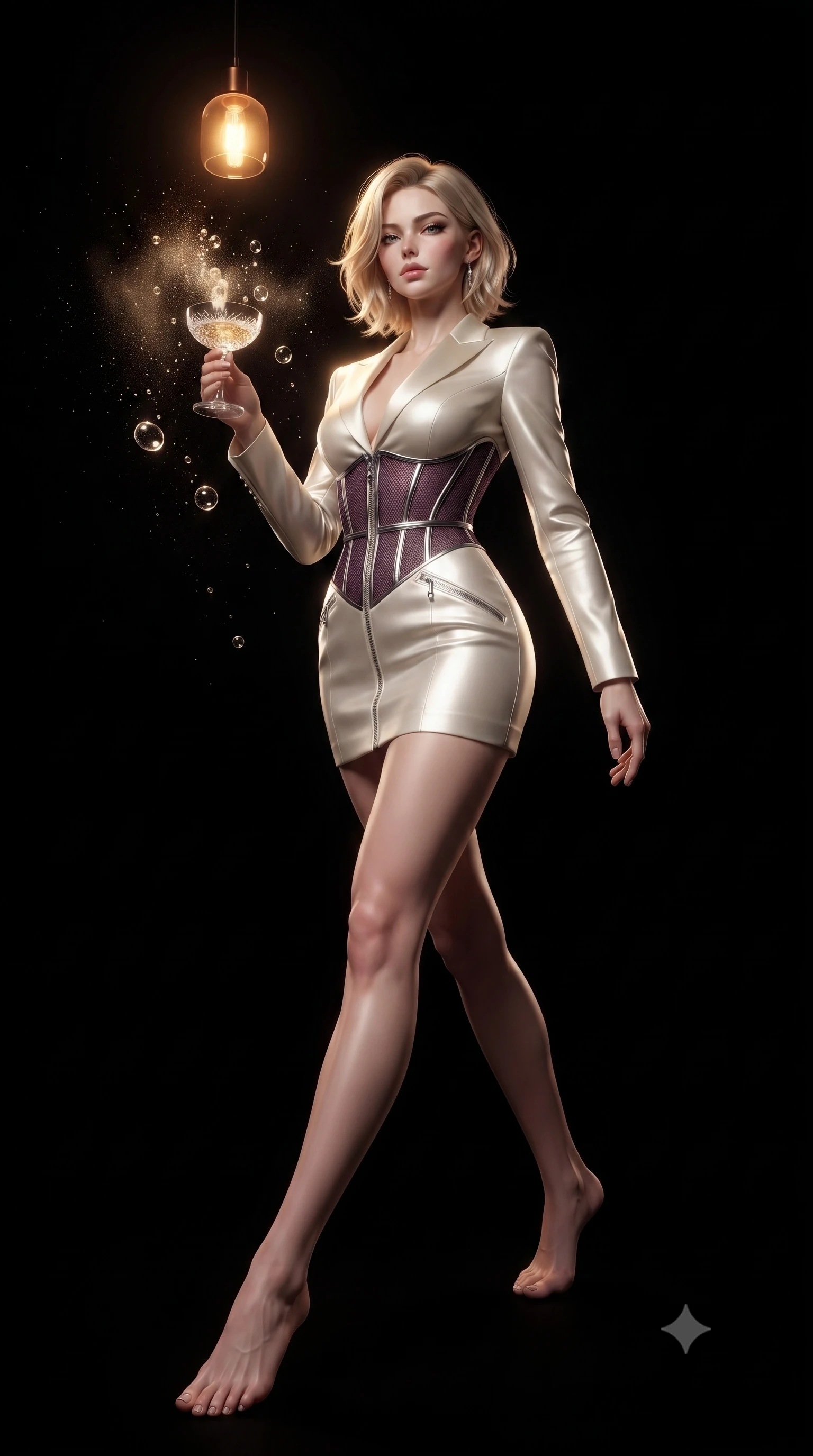 score_9, masterpiece, best quality, ultra-detailed, high-budget anime keyframe, editorial fashion photography, tasteful artistic composition, Caucasian woman. low angle full-body shot from head to toe showing her feet, filling the entire 9:16 vertical frame with her statuesque presence, stretching her vertical silhouette. interacting with glowing light particles, her long slender legs poised in motion, holding a crystal champagne coupe as soft golden light catches the liquid, sensual nocturnal ambiance with high-fashion luxury details. She has an absolutely perfect, statuesque 8.5-heads proportion, an exceptionally tall and slender model-like female figure with impossibly long slender legs and an ultra-slim waist. sharp v-shaped jawline, high-bridge nose, intricate jewel-like eyes with depth, thick eyelashes, glossy lips with a natural sheen. wearing tailored ivory tux dress with satin lapels and fitted waist in dark plum violet, made of fine dark contouring mesh, finished with metallic silver boning and sleek zipper points, sculpting her athletic slender build with refined precision. illuminated by a single warm amber pendant light directly above into pitch darkness. ultra-reflective glossy finish, specular highlights, metallic sheen, high-contrast stereoscopic depth, volumetric dynamic lighting, 2k, ultra detail, master piece, 9:16 ratio