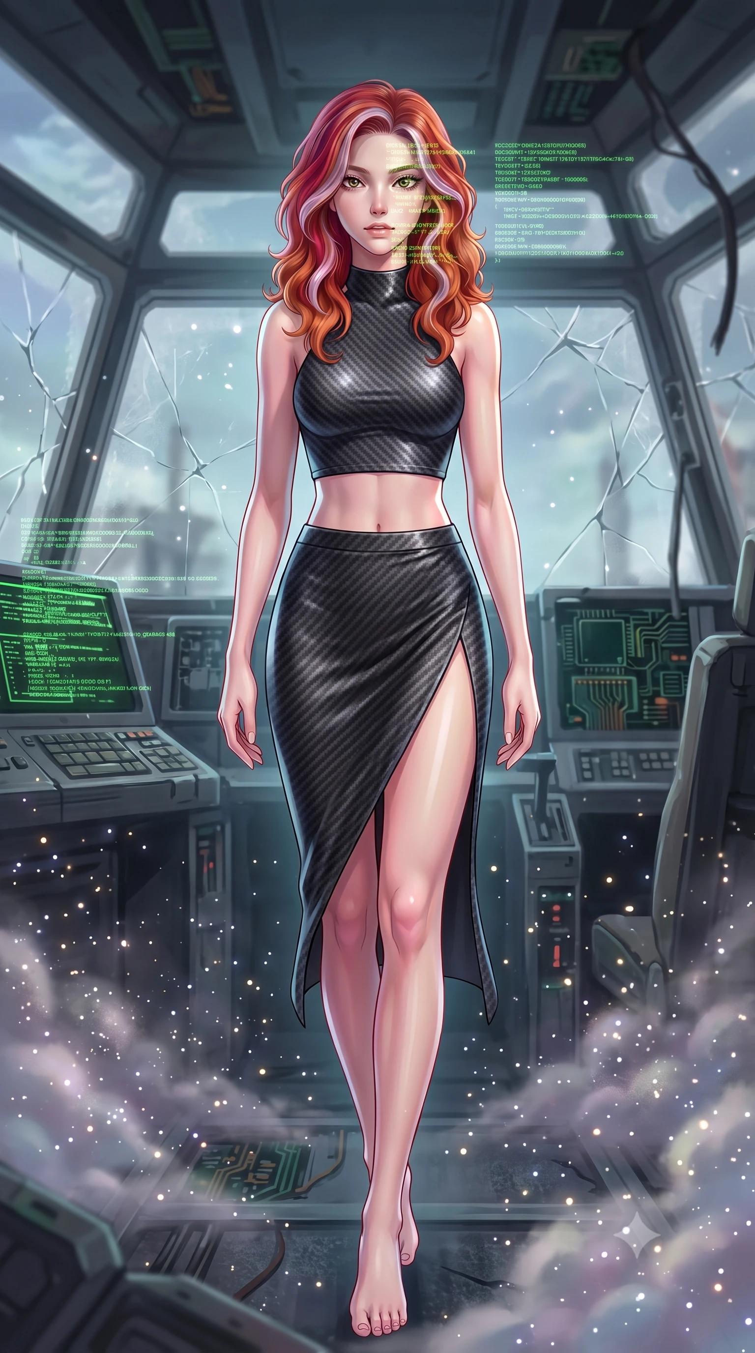 score_9, masterpiece, best quality, ultra-detailed, high-budget anime keyframe, editorial fashion photography, tasteful artistic composition, Caucasian woman. low angle full-body shot from head to toe showing her feet, filling the entire 9:16 vertical frame with her statuesque presence, stretching her vertical silhouette. stepping gracefully through floating stardust particles, her body-contouring suit showing her athletic, slender silhouette, the background shows a soft-focus a starship cockpit of a crashed colossal mech with cracked glass. She has an absolutely perfect, statuesque 8.5-heads proportion, an exceptionally tall and slender model-like female figure with impossibly long slender legs and an ultra-slim waist. sharp v-shaped jawline, high-bridge nose, intricate jewel-like eyes with depth, thick eyelashes, glossy lips with a natural sheen. wearing a slim-fit carbon-fiber halter-neck crop top paired with a matching high-slit midi skirt, revealing her slim waist. flickering green cockpit telemetry lights projecting code lines on her face. highly saturated vibrant anime colors, detailed shading with soft gradients, rich glossy textures, high-contrast stereoscopic depth, volumetric dynamic lighting, master piece, 9:16 ratio