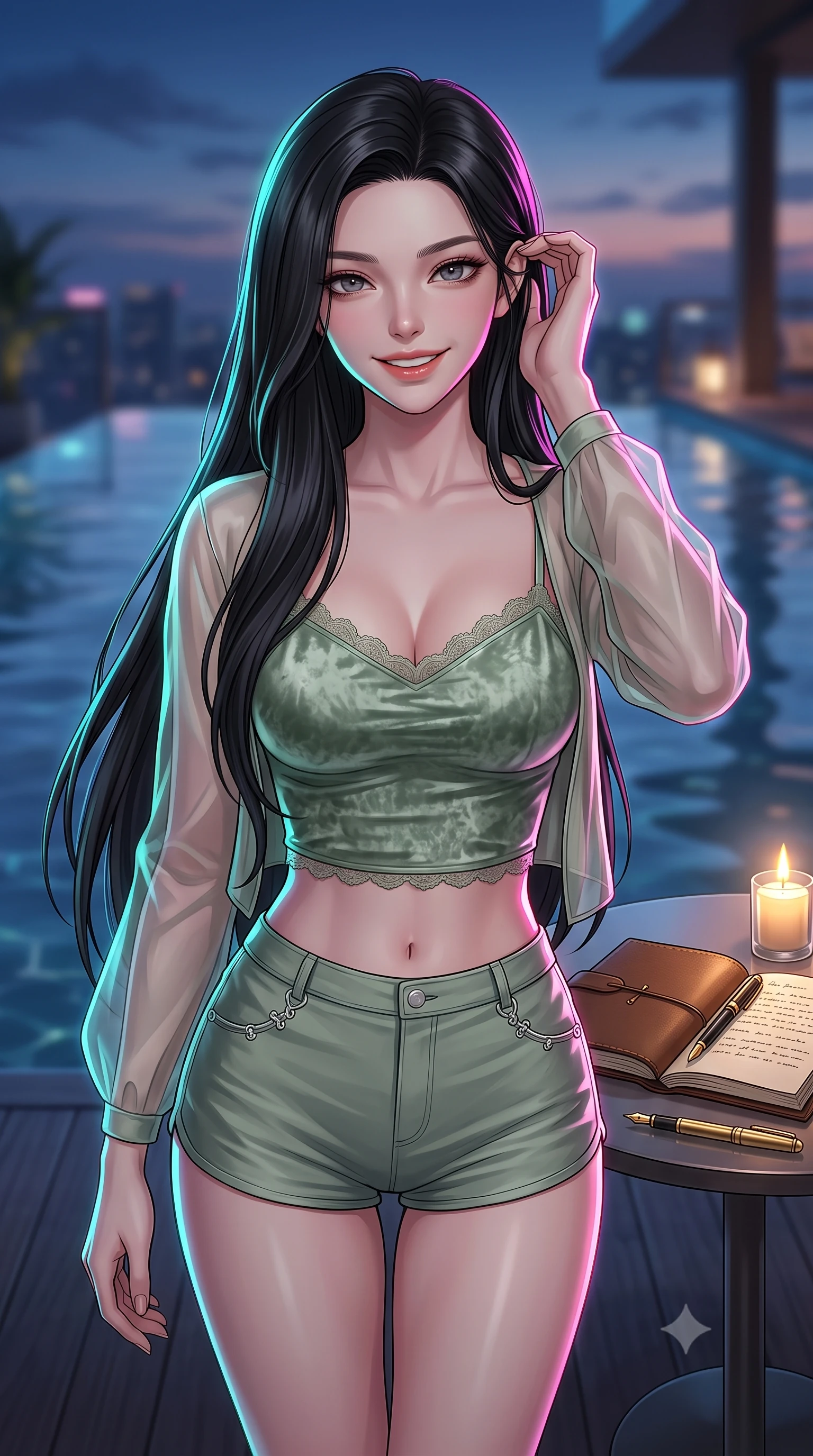 score_9, masterpiece, best quality, ultra-detailed, high-budget anime keyframe, editorial fashion photography, tasteful artistic composition, Korean woman. close-up cowboy shot from the waist and thighs up, the character dominates the composition, filling the frame with her large presence, background elements kept in soft focus. flashing a warm, intoxicating grin while gently tucking a strand of hair behind her ear set against a soft-focus background of inside an exclusive infinity pool deck with an open leather journal and a gold fountain pen sitting next to a candle. She has an exceptionally elegant, slender, and willowy female figure with an ultra-slim waist, a gracefully sculpted slender torso, and a refined silhouette. sharp v-shaped jawline, high-bridge nose, intricate jewel-like eyes with depth, thick eyelashes, glossy lips with a natural sheen. wearing slim-fit sage green crushed velvet delicate lace-trim crop top worn under a sheer organza cardigan with high-waist micro-shorts accented with delicate silver hardware. drenched in dramatic neon rim-lighting that traces the sleek contours of her figure. highly saturated vibrant anime colors, detailed shading with soft gradients, rich glossy textures, high-contrast stereoscopic depth, volumetric dynamic lighting, master piece, 9:16 ratio