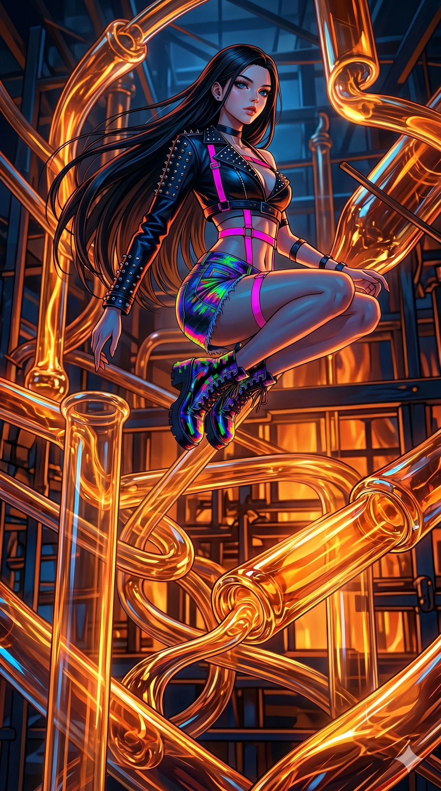 score_9, masterpiece, best quality, ultra-detailed, high-budget anime keyframe, Caucasian woman, strictly human ears. low angle full-body shot filling the entire 9:16 frame with her statuesque presence, stretching the vertical silhouette. bounding through a molten glass art studio where twisting, glowing amber glass tubes rotate like fluid rivers in a heated environment. She has an absolutely perfect 8-heads proportion, an exceptionally tall and slender female figure with impossibly long slender legs and an ultra-slim waist. V-shaped jawline, high-bridge nose, intricate jewel-like eyes with depth, thick eyelashes, glossy lips with a natural sheen.. wearing a glitch denim and studded leather outfit, featuring an RGB glitch pattern denim micro-skirt, a single-sleeve cropped leather jacket, and neon pink harness straps. accented by dynamic color-blocked lighting with high-contrast shadows emphasizing her statuesque height. 2k, ultra detail, master piece, 9:16 ratio
