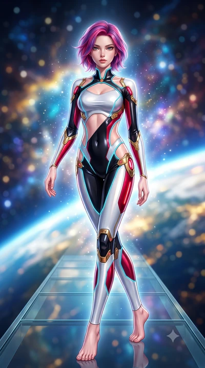 score_9, masterpiece, best quality, ultra-detailed, high-budget anime keyframe, semi-realistic 3D game render, editorial fashion photography, tasteful artistic composition, Caucasian woman. low angle full-body shot from head to toe showing her feet, 