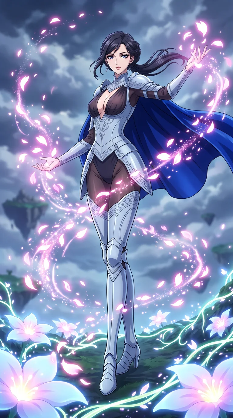 score_9, masterpiece, best quality, ultra-detailed, High-budget Anime Keyframe, vibrant colors, fluid line-art, expressive lighting, cinematic composition, Ufotable-style visual effects, top-tier animation quality, Japanese woman with delicate and elegant anime-inspired features. Dynamic full-body shot stretching the vertical silhouette, capturing her from a powerful low-angle perspective. Summoning a flurry of glowing petals that swirl in a rhythmic dance. She has an absolutely perfect 8-heads proportion, an exceptionally tall and slender female figure with impossibly long slender legs and an ultra-slim waist, her statuesque height and towering silhouette dominating the vertical 9:16 frame. Her face is a masterpiece featuring a sharp v-shaped jawline, high-bridge nose, intricate jewel-like eyes with depth, thick eyelashes, and glossy lips with a natural sheen. She is wearing a Form-fitting light silver plate armor with intricate engravings, over a sheer silk bodysuit with a deep plunging neckline, and a royal blue velvet cape.. The scene is set in a floating island covered in giant glowing flowers and vines of pure energy. 2k, ultra detail, master piece, 9:16 ratio