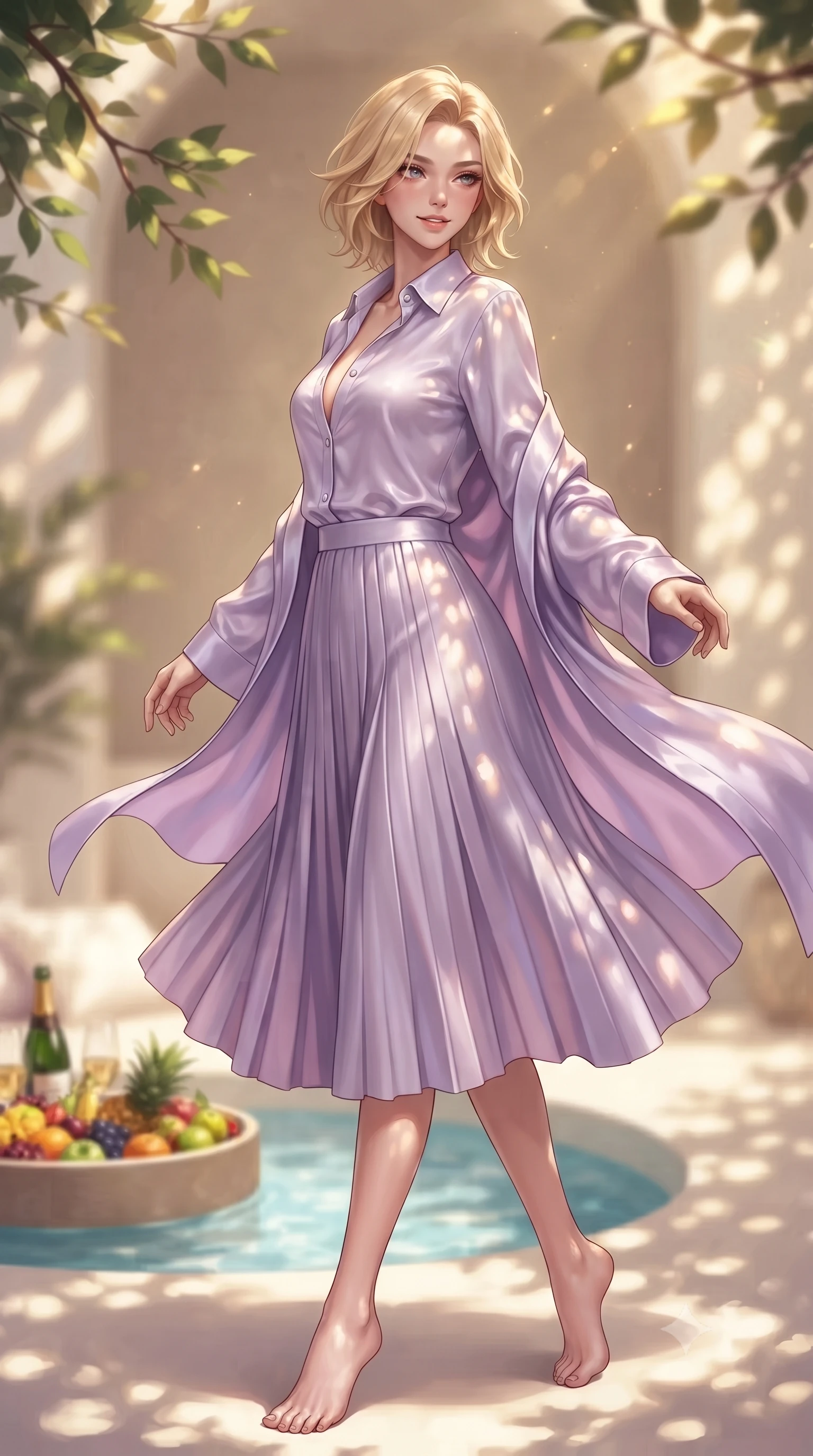 score_9, masterpiece, best quality, ultra-detailed, high-budget anime keyframe, editorial fashion photography, tasteful artistic composition, Caucasian woman. low angle full-body shot from head to toe showing her feet, filling the entire 9:16 vertical frame with her statuesque presence, stretching her vertical silhouette. twirling slowly with a sensual half-smile, letting her silky robe billow gently to reveal her elegant leg line set against a soft-focus background of inside an exclusive vanity suite with a floating pool tray of tropical fruits and chilled wine in soft focus. She has an absolutely perfect, statuesque 8.5-heads proportion, an exceptionally tall and slender model-like female figure with impossibly long slender legs and an ultra-slim waist. sharp v-shaped jawline, high-bridge nose, intricate jewel-like eyes with depth, thick eyelashes, glossy lips with a natural sheen. wearing tailored pale lavender glossy leather casual linen button-down shirt paired with a flowy pleated midi skirt featuring refined tailored seams. highlighted by dappled sunlight filtering through leafy branches, creating soft organic patterns. highly saturated vibrant anime colors, detailed shading with soft gradients, rich glossy textures, high-contrast stereoscopic depth, volumetric dynamic lighting, master piece, 9:16 ratio