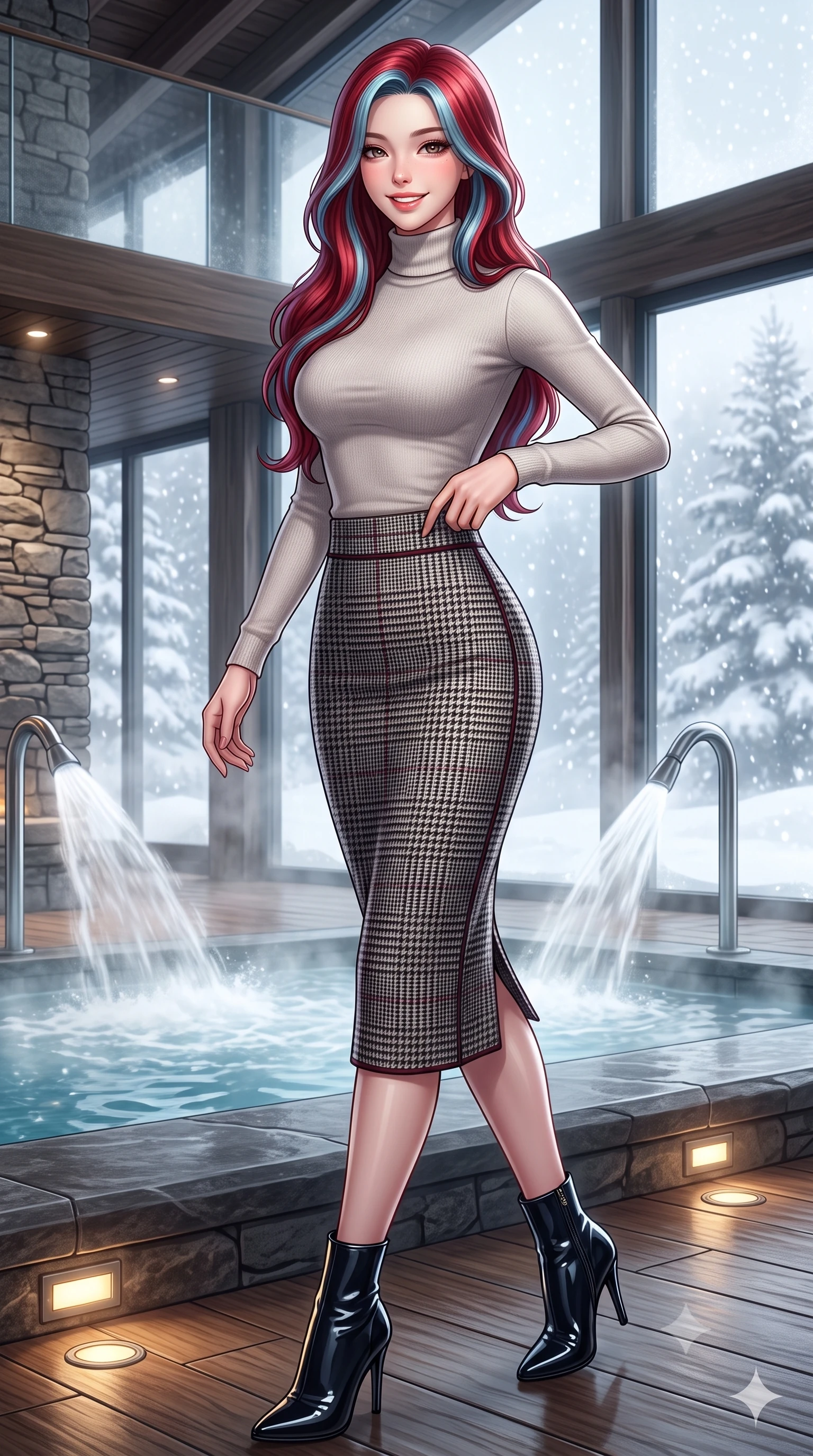 score_9, masterpiece, best quality, ultra-detailed, high-budget anime keyframe, semi-realistic 3D game render, editorial fashion photography, tasteful artistic composition, Caucasian woman. close-up cowboy shot from the waist and thighs up, the character dominates the composition, filling the frame with her large presence. standing poised with hips cocked slightly to the side, one hand tracing her cinched waistline while casting an affectionate warm glance while walking past steaming indoor hydrotherapy fountains toward the glass wall looking out at falling snow, turning with radiant poise. The surrounding environment is rendered in vivid detail and crisp panoramic clarity: detailed belted cashmere robe coat tailoring, silk piping borders, and master Swiss spa architecture in razor-sharp precision. She has an exceptionally elegant, slender, and willowy female figure with an ultra-slim waist, flat toned midriff, narrow ribcage, and sculpted feminine hips creating an alluring, slim hourglass silhouette without bulk. sharp v-shaped jawline, high-bridge nose, intricate jewel-like sparkling eyes with depth, thick eyelashes, glossy parted lips with a natural peach sheen, bright cheerful beaming smile with an enchanting and coquettish sensual glint, exuding both youthful cute charm and seductive allure, flawlessly proportioned anatomical accuracy, strict slender model proportions, natural body alignment, perfectly sculpted long slender limbs, ultra-slim waistline, clean dynamic posture without body distortion. wearing a body-hugging fine-knit merino turtleneck tucked seamlessly into a high-waisted tailored houndstooth pencil midi skirt in classic glen plaid monochrome with subtle wine red accent, woven from fine elastic rib-knit fabric tracing every millimeter of her slender torso, complemented by sleek patent leather stiletto ankle boots accentuating her long slender calves, the body-conscious tailored knit hugging her sculpted torso and curvaceous hips in a seamless, fluid line that highlights her statuesque model proportions. bathed in calm diffused winter daylight filtering through steamy glass panes combined with warm 2800K recessed floor lights. highly saturated vibrant anime colors, detailed shading with soft gradients, rich glossy textures, high-contrast stereoscopic depth, volumetric dynamic lighting, master piece, 9:16 ratio