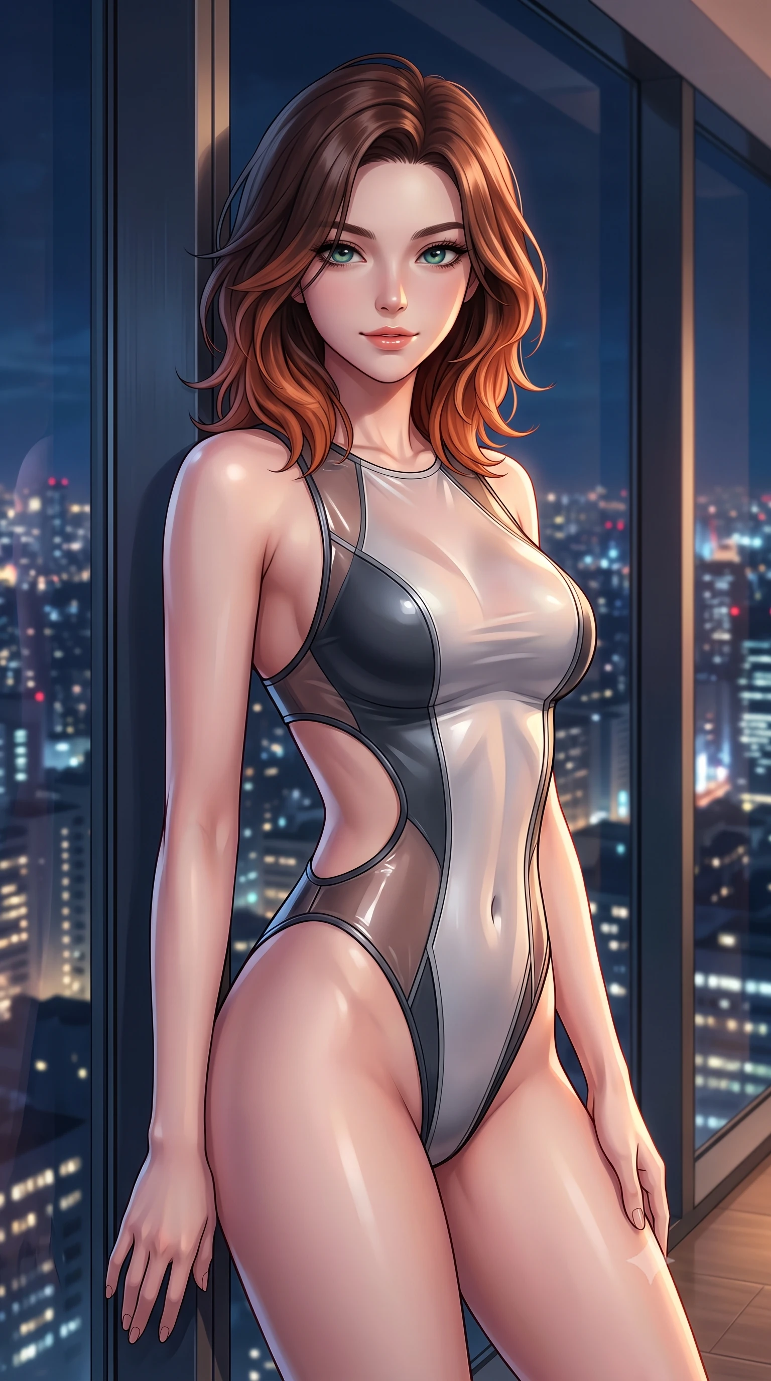 score_9, masterpiece, best quality, ultra-detailed, high-budget anime keyframe, editorial fashion photography, tasteful artistic composition, Korean woman. close-up cowboy shot from the waist and thighs up, the character dominates the composition, filling the frame with her large presence, background elements kept in soft focus. Smiling with quiet, magnetic self-assurance directly into the lens leaning against a floor-to-ceiling panoramic glass window at midnight, glistening city skyline lights twinkling softly through the massive window. She has an exceptionally elegant, slender, and willowy female figure with an ultra-slim waist, a gracefully sculpted slender torso, and a refined silhouette. sharp v-shaped jawline, high-bridge nose, intricate jewel-like eyes with depth, thick eyelashes, glossy lips with a natural sheen. wearing a high-cut translucent vinyl leotard with front paneling and open back in charcoal grey and platinum, formed from sleek second-skin neoprene, featuring clean architectural cutouts along her slender torso, the sleek second-skin texture accentuating her magnetic presence. surrounded by a cozy, intimate glow with smooth high-contrast shading. highly saturated vibrant anime colors, detailed shading with soft gradients, rich glossy textures, high-contrast stereoscopic depth, volumetric dynamic lighting, master piece, 9:16 ratio