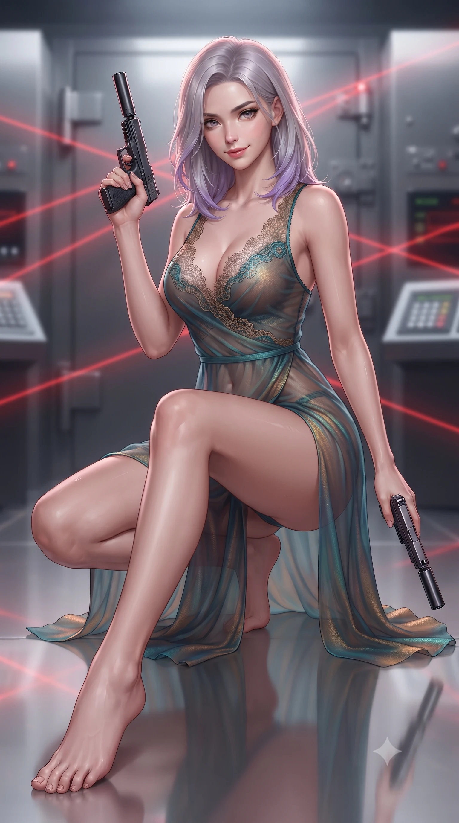 score_9, masterpiece, best quality, ultra-detailed, high-budget anime keyframe, editorial fashion photography, tasteful artistic composition, Caucasian woman. low angle full-body shot from head to toe showing her feet, filling the entire 9:16 vertical frame with her statuesque presence, stretching her vertical silhouette. lounging on the lavish daybed with legs crossed and hips angled toward the camera, displaying her toned midriff and long slender limbs with effortless siren poise while crouching low on the polished reflective floor with one leg extended, holding a silenced pistol with effortless femme fatale allure. The background shows a soft-focus criss-crossing red laser beams, heavy vault hinges, and high-tech keypad consoles blurred into ruby, charcoal, and platinum bokeh. She has an absolutely perfect, statuesque 8.5-heads proportion, an exceptionally tall and slender model-like female figure with impossibly long slender legs, an ultra-slim waist, a flat toned midriff, narrow delicate ribcage, and beautifully sculpted feminine hips creating a graceful, slim hourglass silhouette without any bulky heaviness. sharp v-shaped jawline, high-bridge nose, sparkling eyes with hypnotic seductive depth, thick curled eyelashes, glossy parted lips with a natural dewy peach sheen, alluring bedroom-eyes with an enchanting coquettish smile, exuding magnetic siren charisma and sophisticated glamour, flawlessly proportioned anatomical accuracy, strict slender model proportions, natural body alignment, perfectly sculpted long slender limbs, ultra-slim waistline, clean dynamic posture without body distortion. wearing a delicate sheer gossamer chiffon ballet wrap dress slipping off bare shoulders with a daring hip-high leg slit in iridescent peacock teal and burnished antique brass, made of delicate semi-sheer French Chantilly lace with intricate eyelash edges, finished with scalloped eyelash lace trim framing her sweetheart neckline with intimate elegance, the form-contouring silhouette accentuating her sculpted flat midriff, narrow delicate ribcage, and gracefully curvy hips with intoxicating allure. illuminated by security console backlights and sharp red-and-white rim lighting sculpting her razor-sharp jawline, narrow waist, and curvy hips. ultra-reflective glossy finish, specular highlights, rich textural contrasts, high-contrast stereoscopic depth, volumetric dynamic lighting, 2k, ultra detail, master piece, 9:16 ratio