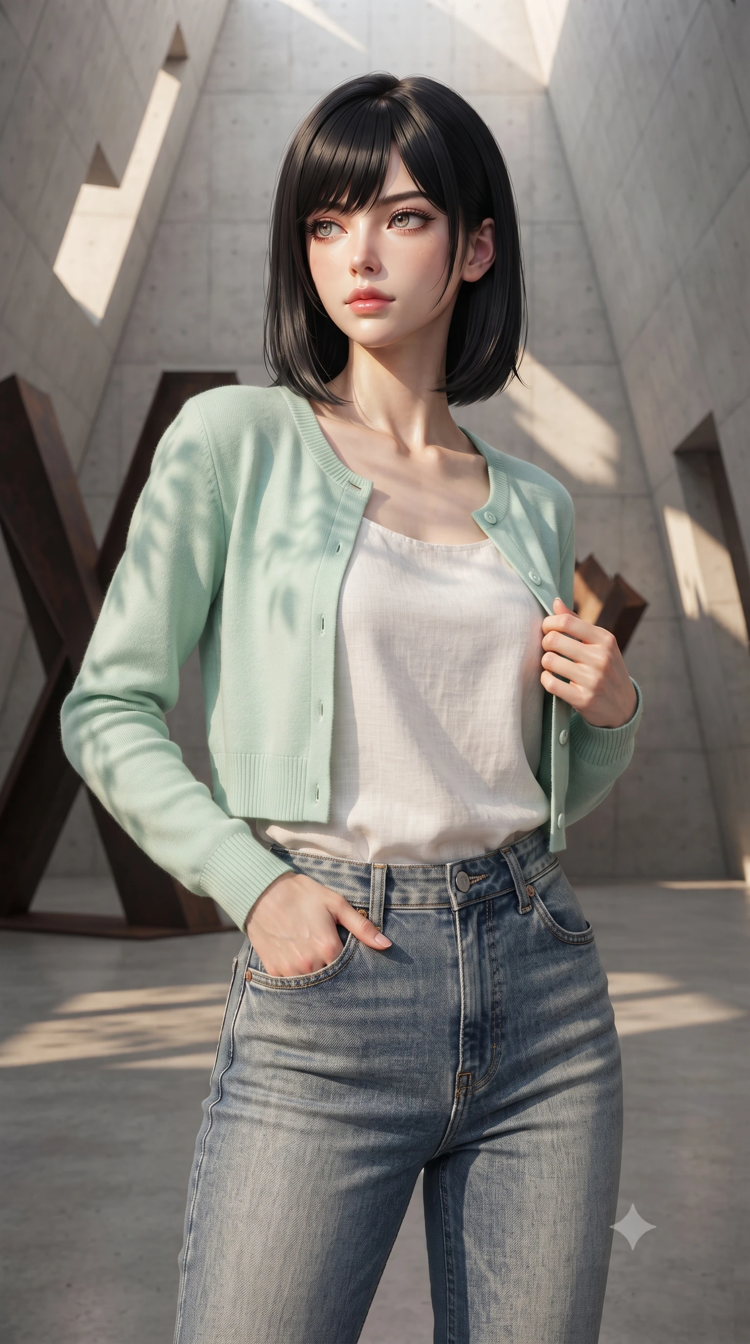 score_9, masterpiece, best quality, ultra-detailed, high-budget anime keyframe, editorial fashion photography, tasteful artistic composition, Caucasian woman, strictly human ears. close-up cowboy shot from the waist and thighs up, the character dominates the composition, filling the frame with her large presence, background elements kept in soft focus. Gazing past the camera with an air of effortless superiority. set against a soft-focus background of a raw concrete gallery space with dramatically angular walls and soaring ceilings featuring massive abstract steel sculptures and geometric shadow patterns cast by precisely placed architectural openings. She has an exceptionally elegant and slender, willowy female figure with an ultra-slim waist, a gracefully sculpted slender torso, and a refined slim physique. sharp v-shaped jawline, high-bridge nose, intricate jewel-like eyes with depth, thick eyelashes, glossy lips with a natural sheen. wearing a pastel mint green cropped cardigan over a white linen top, paired with high-waisted washed blue jeans. warm golden afternoon sunbeams casting soft organic leaf shadows across her skin. 2k, ultra detail, master piece, 9:16 ratio