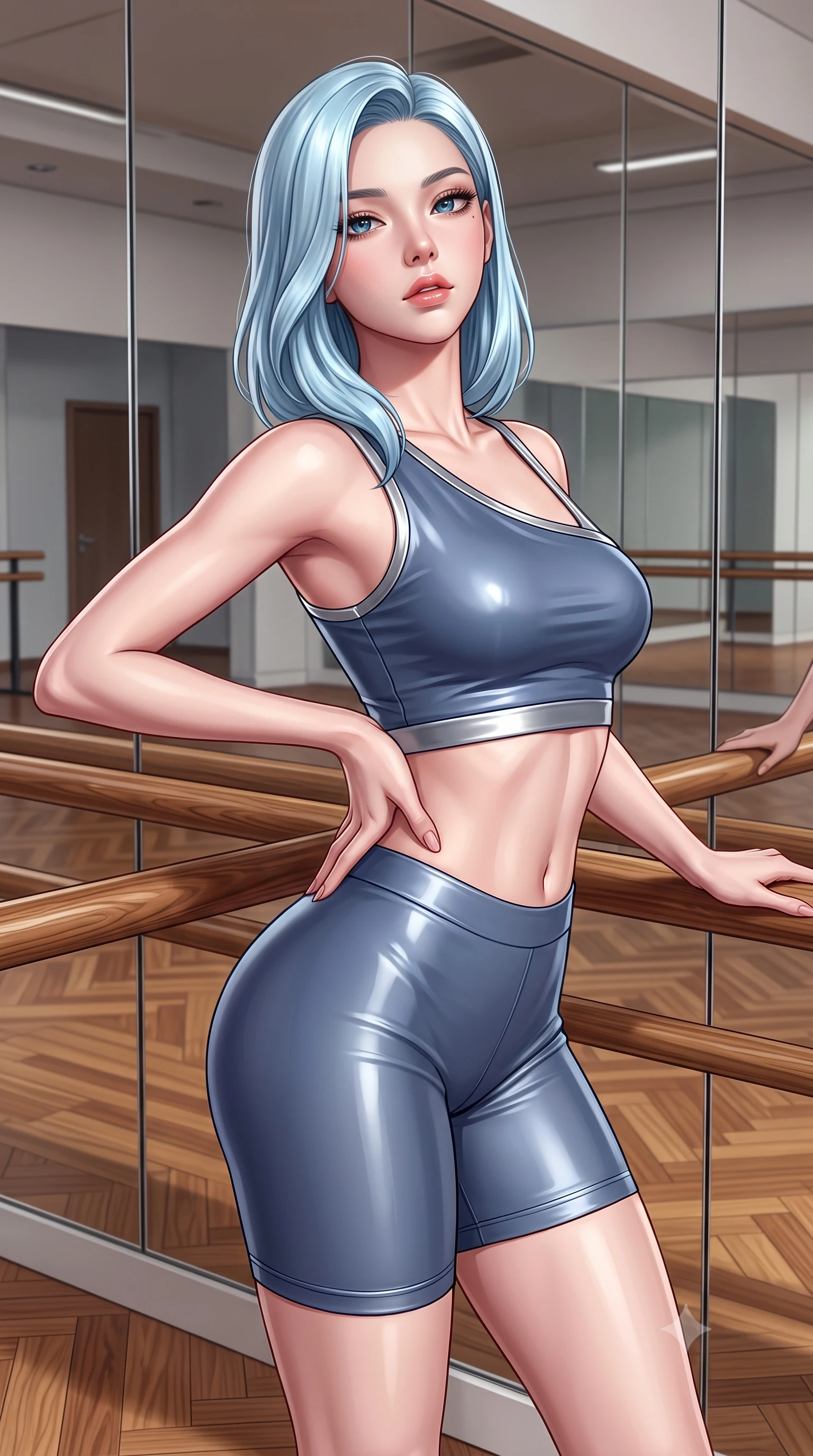 score_9, masterpiece, best quality, ultra-detailed, high-budget anime keyframe, semi-realistic 3D game render, editorial fashion photography, tasteful artistic composition, Korean woman. close-up cowboy shot from the waist and thighs up, the character dominates the composition, filling the frame with her large presence. tilting her chin up with proud, sovereign allure while gazing through thick eyelashes, one hand resting on her waist in pure supermodel charisma while resting both hands on a polished wooden ballet barre while arching her lower back in a deep cambré stretch, highlighting her sculpted glutes and slender waist. The surrounding environment is rendered in vivid detail and crisp panoramic clarity. sharp mirror reflection seams, polished hardwood parquet flooring, and wooden barre grain in deep focus. She has an exceptionally elegant, slender, and willowy female figure with an ultra-slim waist, a gracefully sculpted slender torso, toned flat midriff, and rounded feminine hips creating an alluring hourglass silhouette. sharp v-shaped jawline, high-bridge nose, intricate jewel-like eyes with depth, thick eyelashes, glossy parted lips with a natural sheen, intensely captivating and seductive bedroom-eyes expression, flawlessly proportioned anatomical accuracy, strict slender model proportions, natural body alignment, perfectly sculpted long slender limbs, ultra-slim waistline, clean dynamic posture without body distortion. wearing a sporty asymmetrical crop tank paired with seamless contouring biker shorts in slate blue and metallic silver trim, crafted from second-skin aerodynamic stretch vinyl with specular sheen, finished with high-cut leg elastic bands defining her long leg lines, the liquid-tight tailored fabric clinging flawlessly to her narrow waist and rounded feminine hips, emphasizing every millimeter of her sculpted hourglass curves during movement. surrounded by a disciplined, sensual, and exquisitely graceful haute-couture dancer aura. highly saturated vibrant anime colors, detailed shading with soft gradients, rich glossy textures, high-contrast stereoscopic depth, volumetric dynamic lighting, master piece, 9:16 ratio