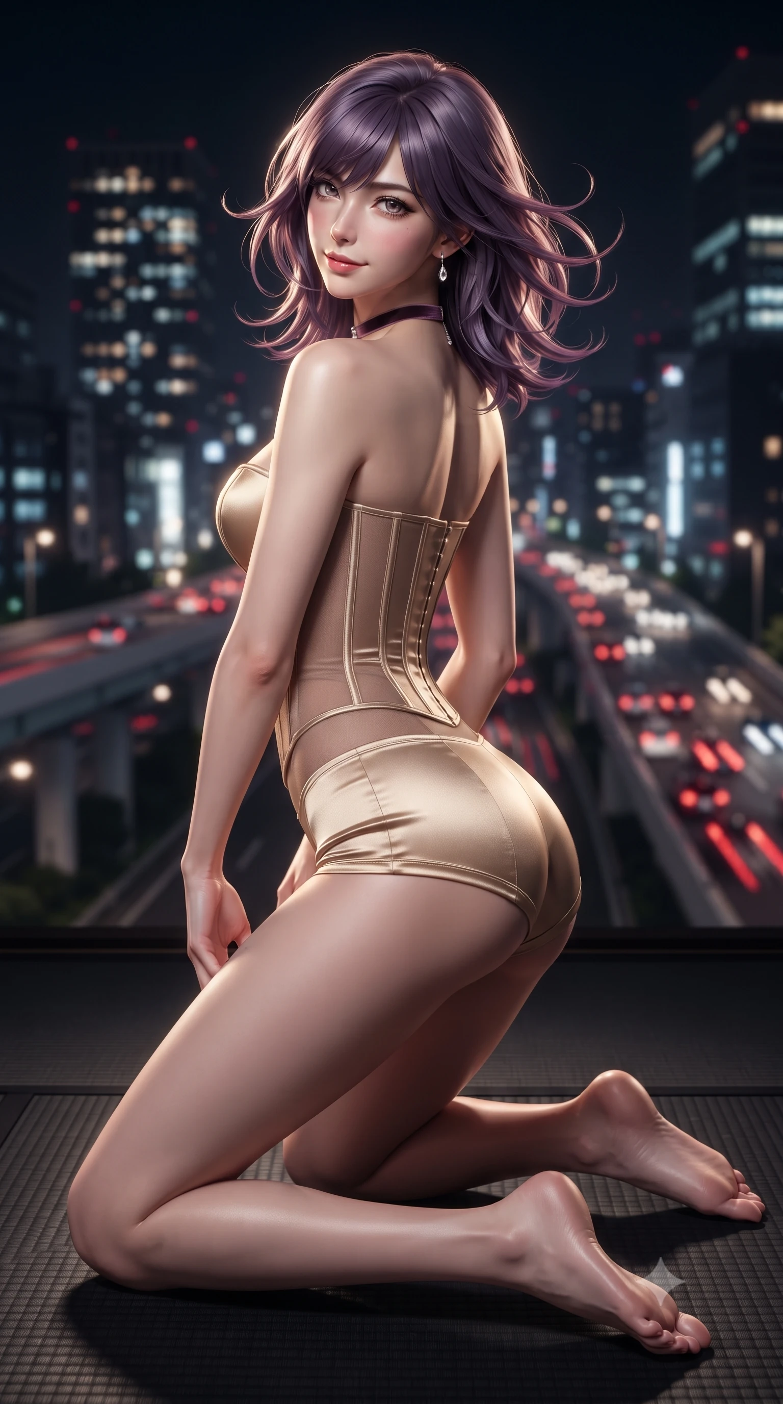 score_9, masterpiece, best quality, ultra-detailed, high-budget anime keyframe, editorial fashion photography, tasteful artistic composition, Japanese woman. low angle full-body shot from head to toe showing her feet, filling the entire 9:16 vertical frame with her statuesque presence, stretching her vertical silhouette. executing a slow, graceful pivot turn as her skirt sways around her slender legs, glancing back with an enchanting, teasing sensual expression while kneeling gracefully on the matte black washi tatami with hips angled back, arching her spine with seductive traditional-modern allure. The background shows a soft-focus glittering sea of Tokyo night skyscrapers, moving red vehicle light trails on expressway overpasses, and dark night sky blurred into ruby, obsidian, and platinum bokeh. She has an absolutely perfect, statuesque 8.5-heads proportion, an exceptionally tall and slender model-like female figure with impossibly long slender legs, an ultra-slim waist, a flat toned midriff, narrow delicate ribcage, and beautifully sculpted feminine hips creating a graceful, slim hourglass silhouette without any bulky heaviness. sharp v-shaped jawline, high-bridge nose, sparkling eyes with hypnotic seductive depth, thick curled eyelashes, glossy parted lips with a natural dewy peach sheen, alluring bedroom-eyes with an enchanting coquettish smile, exuding magnetic siren charisma and sophisticated glamour, flawlessly proportioned anatomical accuracy, strict slender model proportions, natural body alignment, perfectly sculpted long slender limbs, ultra-slim waistline, clean dynamic posture without body distortion. wearing a strapless boned satin corset bodice paired with low-waisted tailored satin hot-pants in desert gold and shimmering sand dune champagne, made of semi-opaque stretch illusion mesh with soft shadowy contours, finished with a thin velvet ribbon choker and a single teardrop diamond pendant, the second-skin tailored fabric adhering flawlessly to her sculpted flat midriff and slender torso, emphasizing her long leg lines and perfectly proportioned willowy build. illuminated by black lacquer reflection bounce and sharp platinum-gold rim lights sculpting her jawline, narrow waist, and curvy hips. ultra-reflective glossy finish, specular highlights, rich textural contrasts, high-contrast stereoscopic depth, volumetric dynamic lighting, 2k, ultra detail, master piece, 9:16 ratio