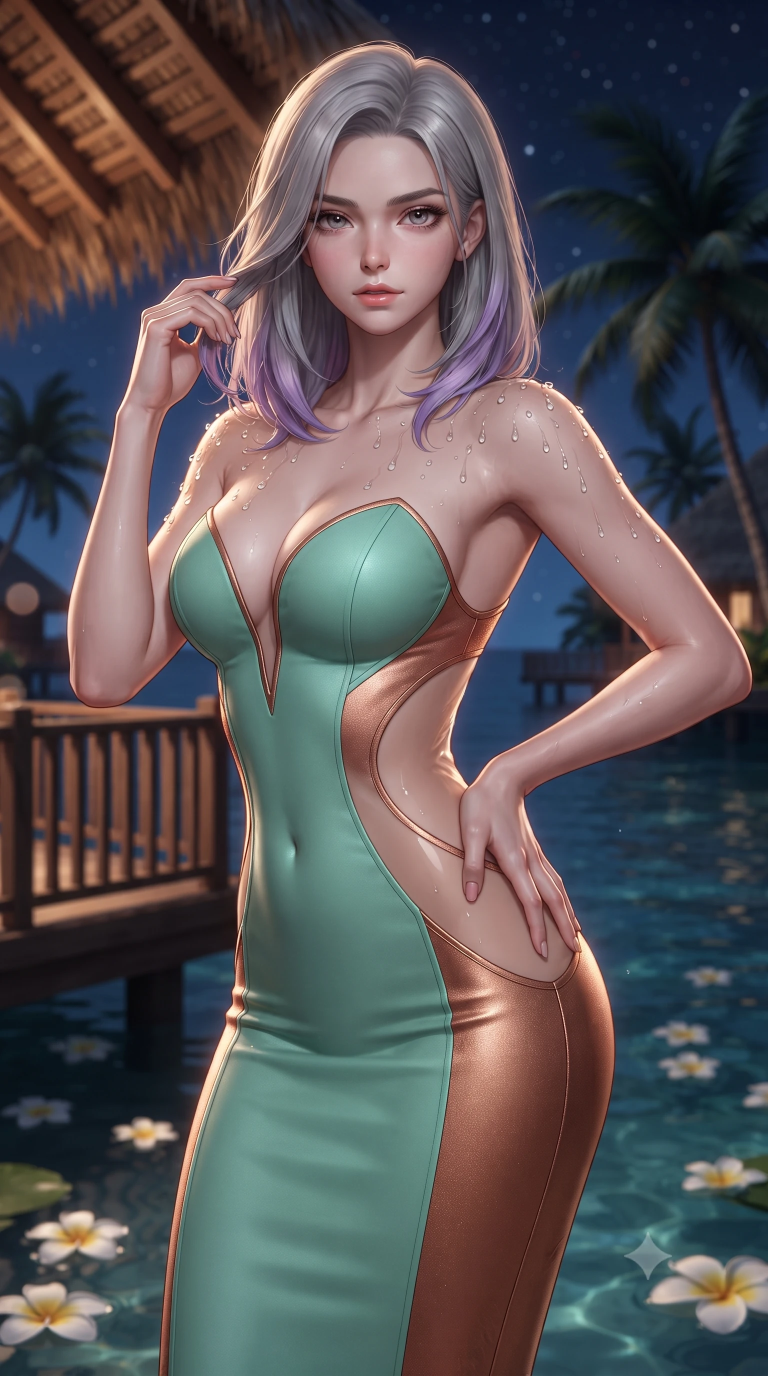 score_9, masterpiece, best quality, ultra-detailed, high-budget anime keyframe, editorial fashion photography, tasteful artistic composition, Caucasian woman. close-up cowboy shot from the waist and thighs up, the character dominates the composition, filling the frame with her large presence. twisting her slender torso in an alluring contrapposto stance, one hand resting on her sculpted hip while her fingers toy with her hair with effortless poise while standing beside the wooden balustrade overlooking the coral lagoon with hips cocked back, casting a smoldering bedroom-glance over a bare shoulder. The background shows a soft-focus thatched coconut palm leaf roof rafters, floating frangipani flowers on water, and dark palm trees swaying against stars blurred into rose, amber, and charcoal bokeh. She has an exceptionally elegant, slender, and willowy female figure with an ultra-slim waist, flat toned midriff, narrow ribcage, and sculpted feminine hips creating an alluring, slim hourglass silhouette without bulk. sharp v-shaped jawline, high-bridge nose, sparkling eyes with hypnotic seductive depth, thick curled eyelashes, glossy parted lips with a natural dewy peach sheen, alluring bedroom-eyes with an enchanting coquettish smile, exuding magnetic siren charisma and sophisticated glamour, flawlessly proportioned anatomical accuracy, strict slender model proportions, natural body alignment, perfectly sculpted long slender limbs, ultra-slim waistline, clean dynamic posture without body distortion. wearing a deep sweetheart-neckline velvet bodycon dress with sheer side-torso cutouts accentuating her hourglass curves in Moroccan mint green and hammered copper, tailored from fine structural neoprene with crisp architectural edges and smooth contouring, finished with glistening drops of lagoon or spa water beading across her sculpted shoulders and collarbones, the precision-cut side openings and low-back scoop framing her graceful spine and the sensual sweep of her slim, toned hips. illuminated by water surface specular highlights and sharp warm-gold rim lights defining her delicate clavicles, ultra-slim waist, and curvy hips. ultra-reflective glossy finish, specular highlights, rich textural contrasts, high-contrast stereoscopic depth, volumetric dynamic lighting, 2k, ultra detail, master piece, 9:16 ratio