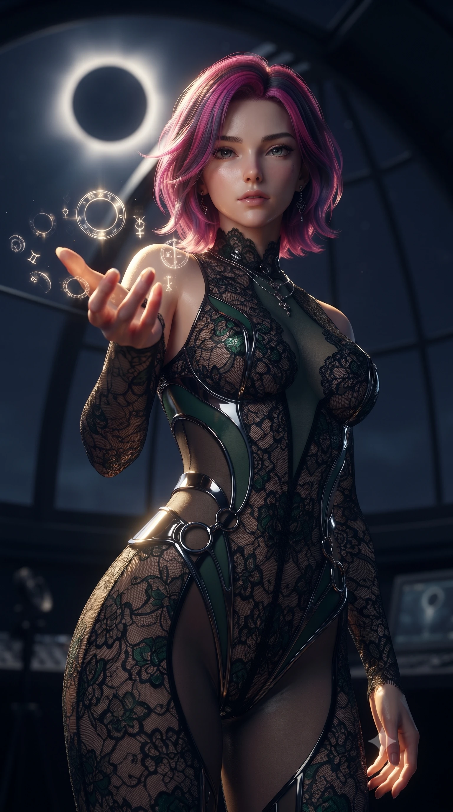 score_9, masterpiece, best quality, ultra-detailed, high-budget anime keyframe, editorial fashion photography, tasteful artistic composition, Caucasian woman. close-up cowboy shot from the waist and thighs up, the character dominates the composition, filling the frame with her large presence, background elements kept in soft focus. Reaching one hand toward the viewer with relaxed dark elegance, inside a pitch-black deep space observatory beneath a total dark solar eclipse, translucent eclipse glyphs floating gracefully around her fingertips. She has an exceptionally elegant, slender, and willowy female figure with an ultra-slim waist, a gracefully sculpted slender torso, and a refined silhouette. sharp v-shaped jawline, high-bridge nose, intricate jewel-like eyes with depth, thick eyelashes, glossy lips with a natural sheen. wearing sheer midnight lace overlay bodysuit with delicate sheer cutouts in deep emerald green, made of sculpted obsidian metallic chrome, accented with sculpted obsidian chrome rings at the waist, following her slender form with tailored precision. lit by intense golden key light piercing through deep midnight navy shadows. ultra-reflective glossy finish, specular highlights, metallic sheen, high-contrast stereoscopic depth, volumetric dynamic lighting, 2k, ultra detail, master piece, 9:16 ratio