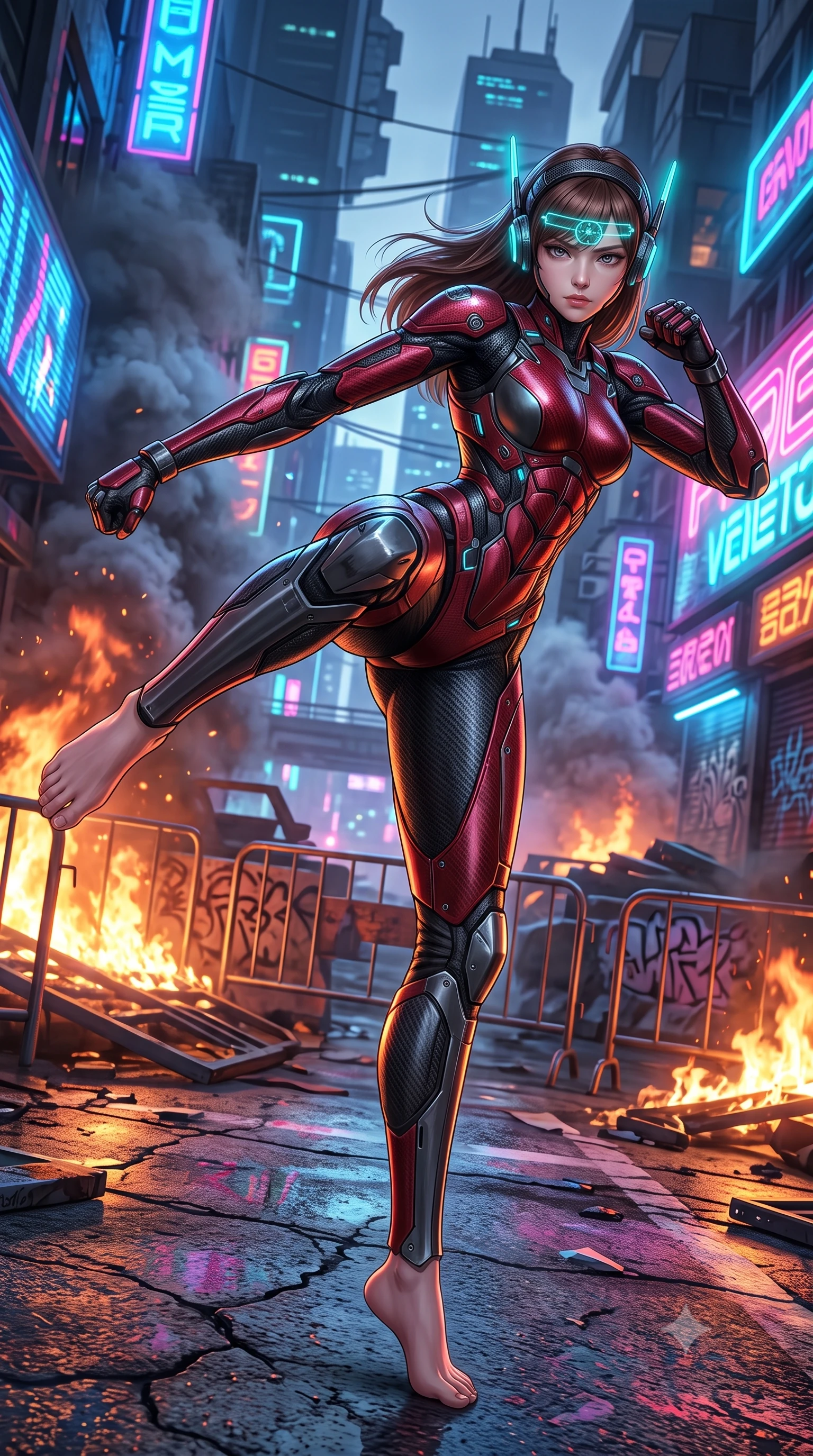 score_9, masterpiece, best quality, ultra-detailed, high-budget anime keyframe, semi-realistic 3D game render, editorial fashion photography, tasteful artistic composition, Korean woman. low angle full-body shot from head to toe showing her feet, filling the entire 9:16 vertical frame with her statuesque presence, stretching her vertical silhouette. pivoting dynamically in a high-speed low sweep kick along the cracked concrete, her athletic torso and ultra-slim waist twisting in a fluid arc of power while charging forward through a burning street barricade as holographic tactical goggles cast glowing cyan reticles across her brow. The surrounding environment is rendered in vivid detail and crisp panoramic clarity. vibrant high-contrast neon warzone chiaroscuro and raw urban resistance aesthetics rendered with precision. She has an absolutely perfect, statuesque 8.5-heads proportion, an exceptionally tall and slender model-like female figure with impossibly long slender legs, a toned flat midriff, and an ultra-slim waist. sharp v-shaped jawline, high-bridge nose, intricate jewel-like eyes with depth, thick eyelashes, glossy lips with a natural sheen, fierce and resolute heroine expression, flawlessly proportioned anatomical accuracy, strict slender model proportions, natural body alignment, perfectly sculpted long slender limbs, ultra-slim waistline, clean dynamic posture without body distortion. wearing a lightweight carbon-fiber tactical sensory headpiece with glowing cyan ear-antennae and an ultra-thin forehead HUD brow-band, paired with an ultra-sleek high-gloss carbon-composite exoskeleton suit featuring kinetic shock-absorbing shin guards and flexible limb articulation joints in deep battle-scarred crimson carbon weave with specular dark chrome accents, tailored from flexible second-skin ballistic carbon-mesh adhering flawlessly to her athletic build, reinforced by a heavy-duty titanium tactical harness and glowing micro-energy status straps, the sleek second-skin cut tightly hugging her graceful clavicle, narrow waist, and feminine curves with athletic precision. surrounded by a rebellious, passionate, and fiercely alluring dystopian freedom-fighter aura. rich saturated anime colors with glowing neon highlights, detailed shading with soft gradients, rich glossy textures, high-contrast stereoscopic depth, volumetric dynamic lighting, master piece, 9:16 ratio