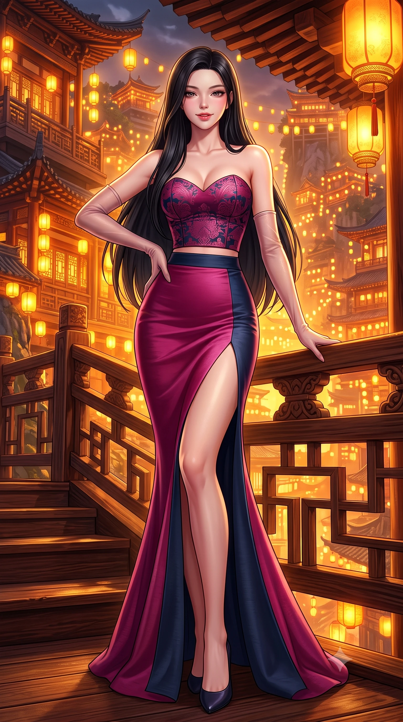 score_9, masterpiece, best quality, ultra-detailed, high-budget anime keyframe, semi-realistic 3D game render, editorial fashion photography, tasteful artistic composition, Korean woman. low angle full-body shot from head to toe showing her feet, filling the entire 9:16 vertical frame with her statuesque presence, stretching her vertical silhouette. standing in a tall, confident posture with one hand on the carved palace railing, stretching her statuesque body as she arches her lower back to emphasize her sculpted feminine hips and slender waist while standing poised on a multi-tiered wooden cliffside balcony, arching her back with breathtaking glamour as the glowing 11-story stilt palace shines. The surrounding environment is rendered in vivid detail and crisp panoramic clarity: detailed brocade gown sheen, lantern specular highlights on skin, and Chongqing cliffside architecture in high resolution. She has an absolutely perfect, statuesque 8.5-heads proportion, an exceptionally tall and slender model-like female figure with impossibly long slender legs, an ultra-slim waist, a flat toned midriff, narrow delicate ribcage, and beautifully sculpted feminine hips creating a graceful, slim hourglass silhouette without any bulky heaviness. sharp v-shaped jawline, high-bridge nose, intricate jewel-like dark sparkling almond eyes with depth, thick lashes, glossy parted lips with a natural rose-plum sheen, bright alluring and coquettish smile with bedroom-eyes, exuding both timeless oriental elegance and sovereign high-fashion allure, flawlessly proportioned anatomical accuracy, strict slender model proportions, natural body alignment, perfectly sculpted long slender limbs, ultra-slim waistline, clean dynamic posture without body distortion. wearing a sweetheart-neckline oriental jacquard bustier top paired with a curve-hugging high-slit mermaid maxi skirt in deep lotus magenta and matte midnight navy, tailored from smooth celadon raw silk with natural organic slub texture, complemented by delicate sheer silk fingerless gloves reaching past her elbows, the glove-like silhouette tightly following the natural contour of her hips and long slender legs with youthful 8.5-heads elegance. bathed in intense blazing golden and amber lantern illumination echoing from hundreds of eaves. highly saturated vibrant anime colors, detailed shading with soft gradients, rich glossy textures, high-contrast stereoscopic depth, volumetric dynamic lighting, master piece, 9:16 ratio