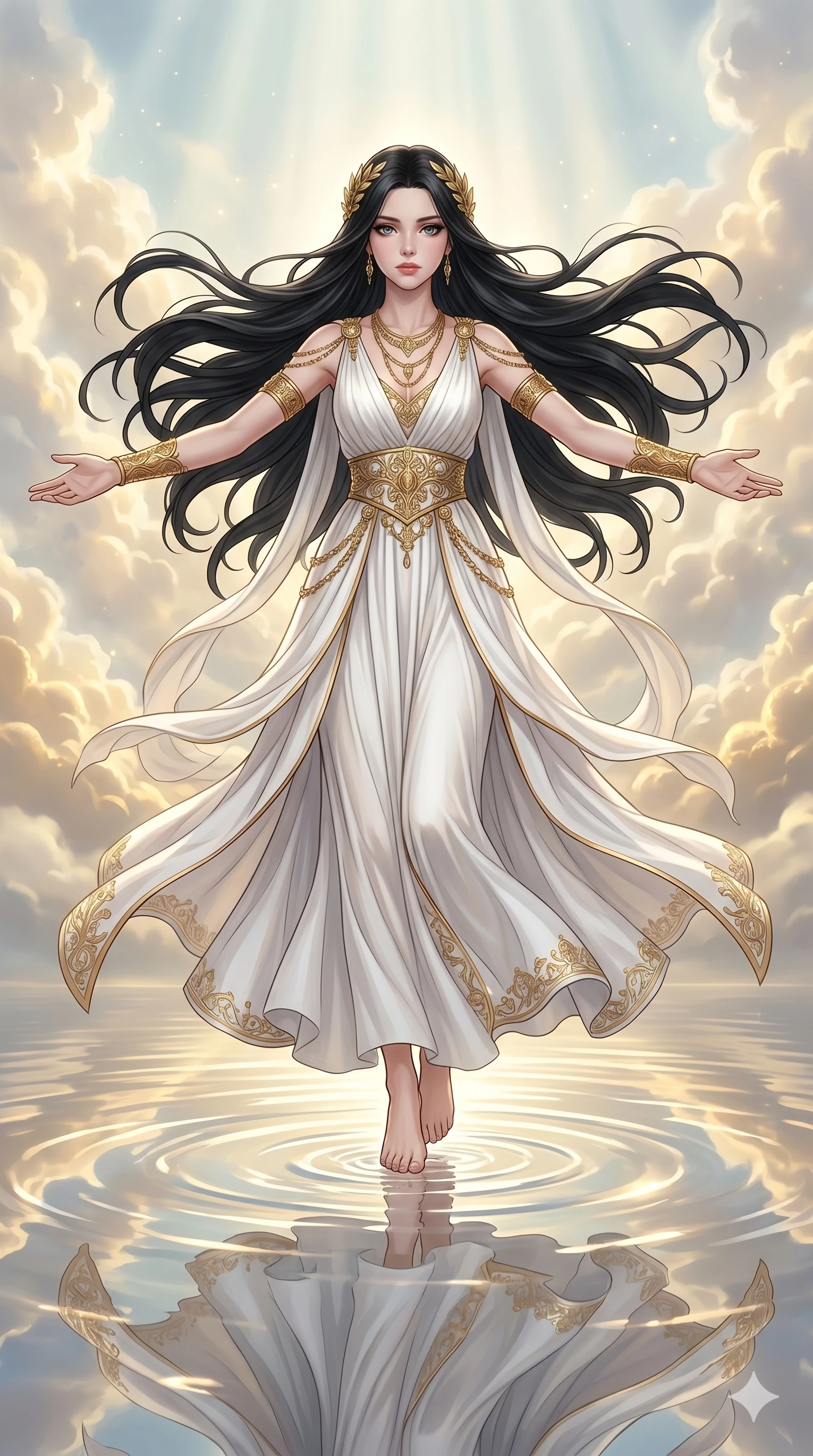 score_9, score_8_up, score_7_up, source_anime, masterpiece, best quality, ultra-detailed, same character with long flowing black hair, wearing an elaborate white goddess gown with gold accessories, full body shot standing barefoot on a mirror-like water surface with arms outstretched, ethereal heavenly realm, golden clouds, divine light, 2k, 9:16 ratio