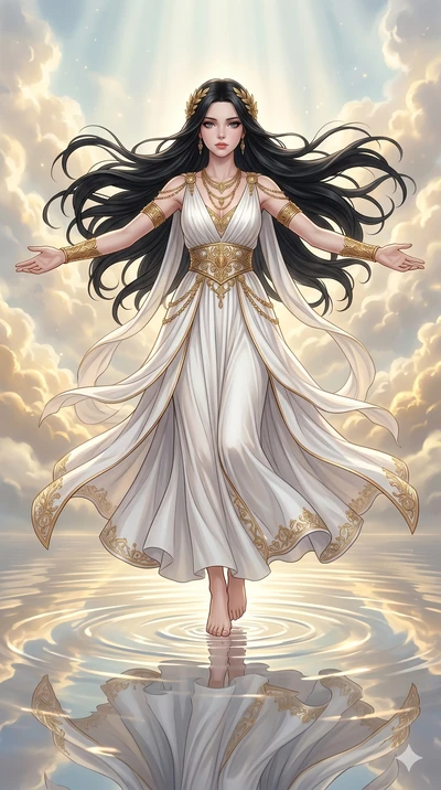 score_9, score_8_up, score_7_up, source_anime, masterpiece, best quality, ultra-detailed, same character with long flowing black hair, wearing an elaborate white goddess gown with gold accessories, full body shot standing barefoot on a mirror-like wa