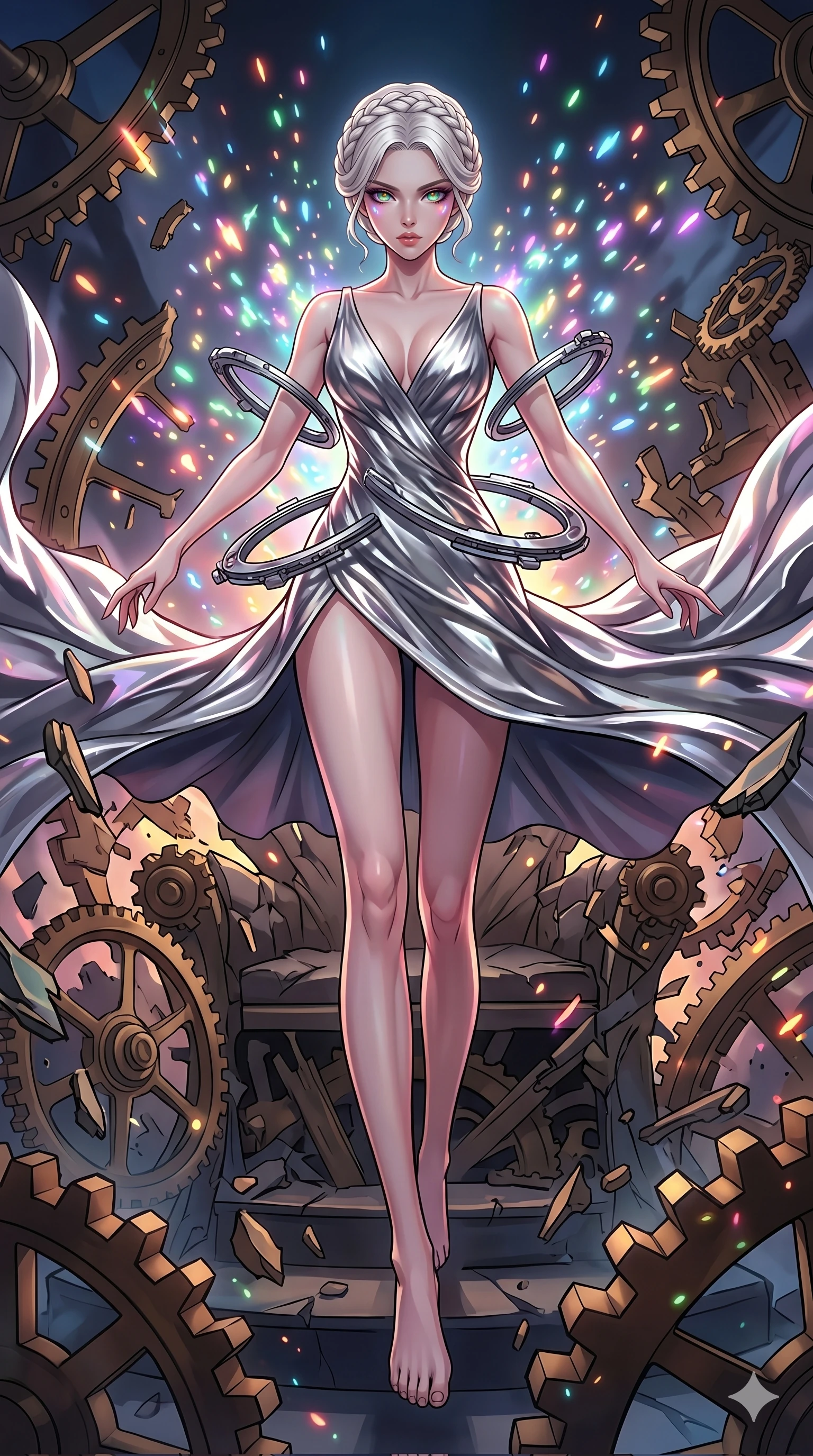 score_9, masterpiece, best quality, ultra-detailed, Set A: High-budget Anime Keyframe, Japanese woman. Low angle cowboy shot filling the entire 9:16 frame with her statuesque presence. Leaping through a throne of gears, while her eyes glow with 290 different colors and surrounded by glowing energy sparks. She has an absolutely perfect 8-heads proportion, an exceptionally tall and slender female figure with impossibly long slender legs and an ultra-slim waist. Sharp v-shaped jawline, high-bridge nose, intricate jewel-like eyes with depth, thick eyelashes, glossy lips with a natural sheen. Wearing Molten silver texture dress with a sharp V-neckline and floating mechanical rings. Cinematic lighting, vibrant colors, dramatic shadows, 2k, ultra detail, master piece, 9:16 ratio