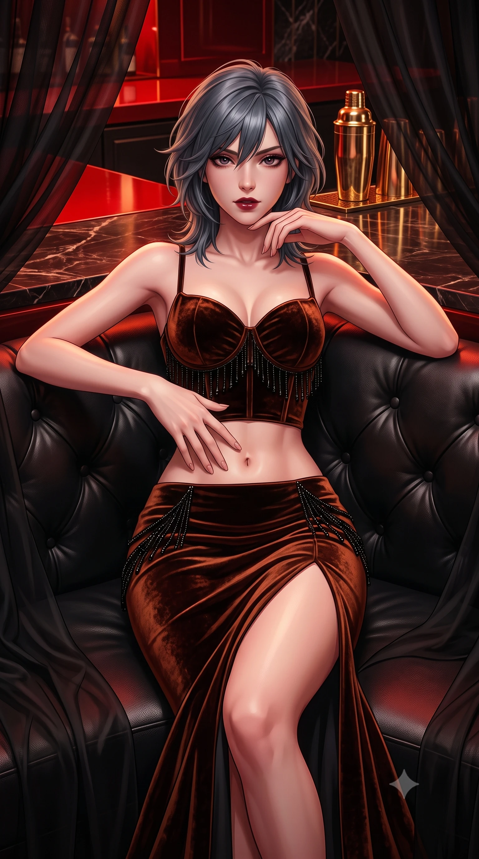 score_9, masterpiece, best quality, ultra-detailed, high-budget anime keyframe, semi-realistic 3D game render, editorial fashion photography, tasteful artistic composition, Caucasian woman. close-up cowboy shot from the waist and thighs up, the character dominates the composition, filling the frame with her large presence. leaning back against the leather lounge with relaxed seductive grace, one hand resting on her flat midriff as her narrow waist and curvy hips command the frame while lounging in a private booth draped in black sheer silk, resting her chin on her fingers while gazing directly into the camera with bedroom-eyes. The surrounding environment is rendered in vivid detail and crisp panoramic clarity. sharp glossy red lacquer reflections, dark polished marble grain, and brass cocktail shaker hardware in deep focus. She has an exceptionally elegant, slender, and willowy female figure with an ultra-slim waist, flat toned midriff, narrow ribcage, and sculpted feminine hips creating an alluring, slim hourglass silhouette without bulk. sharp v-shaped jawline, high-bridge nose, intricate jewel-like dark sparkling eyes with dangerous depth, thick curled eyelashes, glossy parted lips with a rich wine sheen, smoldering seductive half-smile with bedroom-eyes, exuding effortless superiority and intoxicating dark allure, flawlessly proportioned anatomical accuracy, strict slender model proportions, natural body alignment, perfectly sculpted long slender limbs, ultra-slim waistline, clean dynamic posture without body distortion. wearing a sweetheart-neckline velvet bustier paired with a curve-hugging high-slit mermaid maxi skirt in dark burnt copper and matte black, tailored from crushed dark velvet with deep light-absorbing plush texture, accented with fine jet-black beaded tassels that sway with each movement, the high-waisted tailoring accentuating her ultra-slim waistline and the enchanting curve of her feminine hips with alluring dark charm. bathed in intense crimson and deep amber low-key accent lighting. highly saturated vibrant anime colors, detailed shading with soft gradients, rich glossy textures, high-contrast stereoscopic depth, volumetric dynamic lighting, master piece, 9:16 ratio