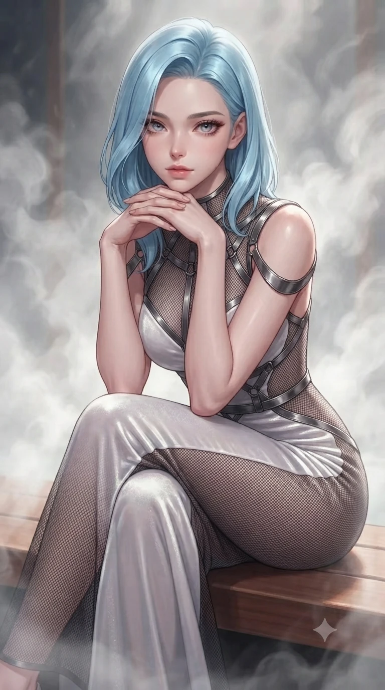 score_9, masterpiece, best quality, ultra-detailed, high-budget anime keyframe, editorial fashion photography, tasteful artistic composition, Korean woman. close-up cowboy shot from the waist and thighs up, the character dominates the composition, filling the frame with her large presence, background elements kept in soft focus. Resting her chin on the backs of her fingers with an air of effortless superiority, poised on a polished cedar bench as soft ambient steam swirls gracefully around her, soft swirling steam clouds creating painterly ethereal shadows around her form. She has an exceptionally elegant, slender, and willowy female figure with an ultra-slim waist, a gracefully sculpted slender torso, and a refined silhouette. sharp v-shaped jawline, high-bridge nose, intricate jewel-like eyes with depth, thick eyelashes, glossy lips with a natural sheen. wearing sculpted form-fitting dark velvet column gown in pitch black in pearl white, made of fine dark contouring mesh, highlighted by a gunmetal metallic harness structure, following her slender form with tailored precision. illuminated by soft diffused key light filtering through delicate steam. highly saturated vibrant anime colors, detailed shading with soft gradients, rich glossy textures, high-contrast stereoscopic depth, volumetric dynamic lighting, master piece, 9:16 ratio