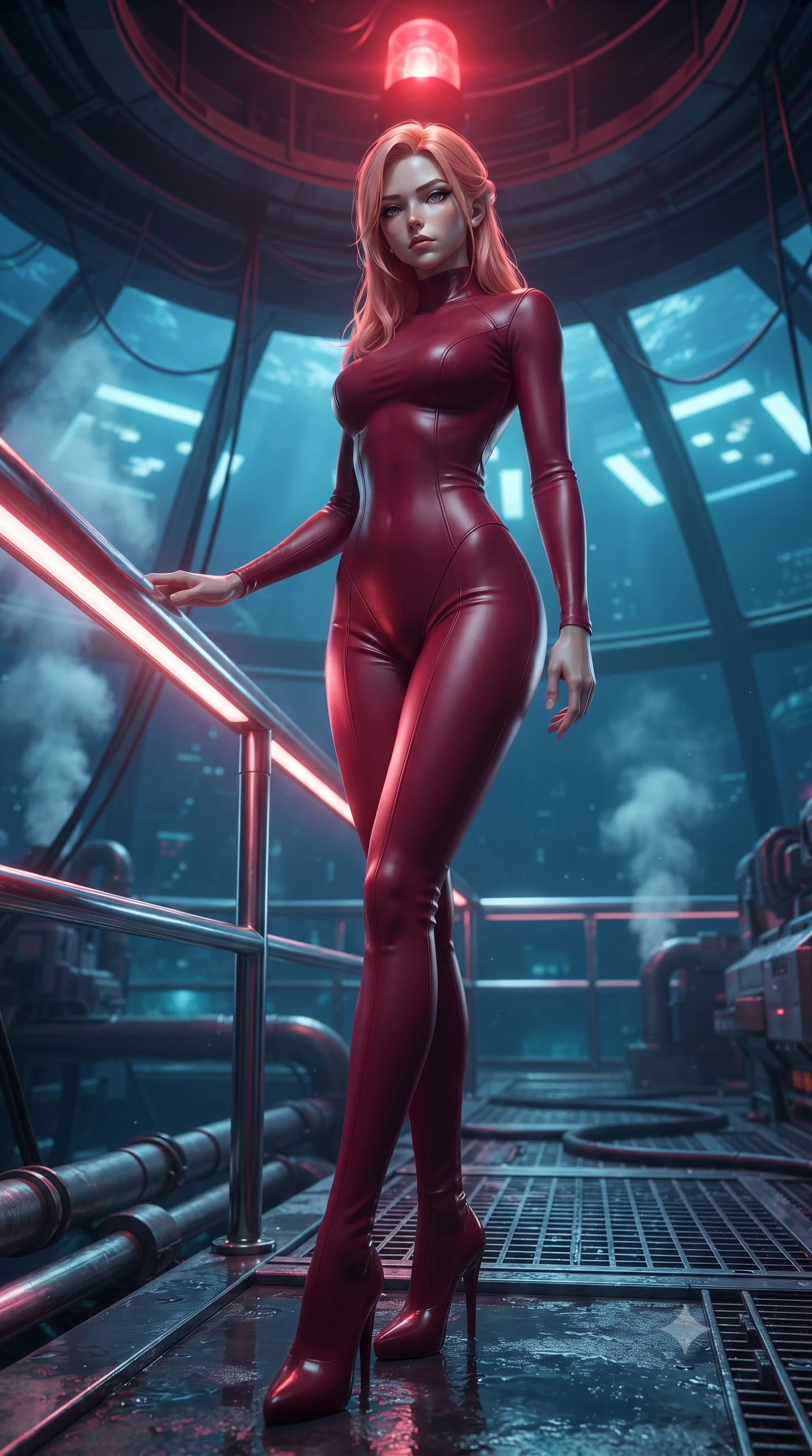score_9, masterpiece, best quality, ultra-detailed, high-budget anime keyframe, editorial fashion photography, tasteful artistic composition, Japanese woman. low angle full-body shot from head to toe showing her feet, filling the entire 9:16 vertical frame with her statuesque presence, stretching her vertical silhouette. standing in a tall, confident posture with one hand on a glowing metal railing, stretching her statuesque body, the background shows a soft-focus a wet maintenance dock inside an undersea ballroom crater with steam vents. She has an absolutely perfect, statuesque 8.5-heads proportion, an exceptionally tall and slender model-like female figure with impossibly long slender legs and an ultra-slim waist. sharp v-shaped jawline, high-bridge nose, intricate jewel-like eyes with depth, thick eyelashes, glossy lips with a natural sheen. wearing a form-contouring form-contouring high-neck bodycon suit in deep crimson, contouring her athletic build like a second skin. underground steam vents catching a pulsing crimson warning beacon light from above. ultra-reflective glossy finish, specular highlights, metallic sheen, high-contrast stereoscopic depth, volumetric dynamic lighting, 2k, ultra detail, master piece, 9:16 ratio