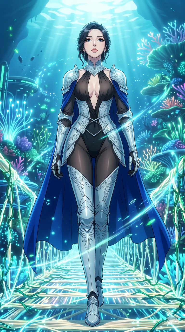 score_9, masterpiece, best quality, ultra-detailed, High-budget Anime Keyframe, vibrant colors, fluid line-art, expressive lighting, cinematic composition, Ufotable-style visual effects, top-tier animation quality, Korean woman with idol-like refined features. Low angle cowboy shot filling the entire 9:16 frame with her statuesque presence, looking up to emphasize her height. Walking across a bridge made of woven light and digital vines. She has an absolutely perfect 8-heads proportion, an exceptionally tall and slender female figure with impossibly long slender legs and an ultra-slim waist, her statuesque height and towering silhouette dominating the vertical 9:16 frame. Her face is a masterpiece featuring a sharp v-shaped jawline, high-bridge nose, intricate jewel-like eyes with depth, thick eyelashes, and glossy lips with a natural sheen. She is wearing a Form-fitting light silver plate armor with intricate engravings, over a sheer silk bodysuit with a deep plunging neckline, and a royal blue velvet cape.. The scene is set in an underwater Eden where the plants are made of light and fiber-optics. 2k, ultra detail, master piece, 9:16 ratio