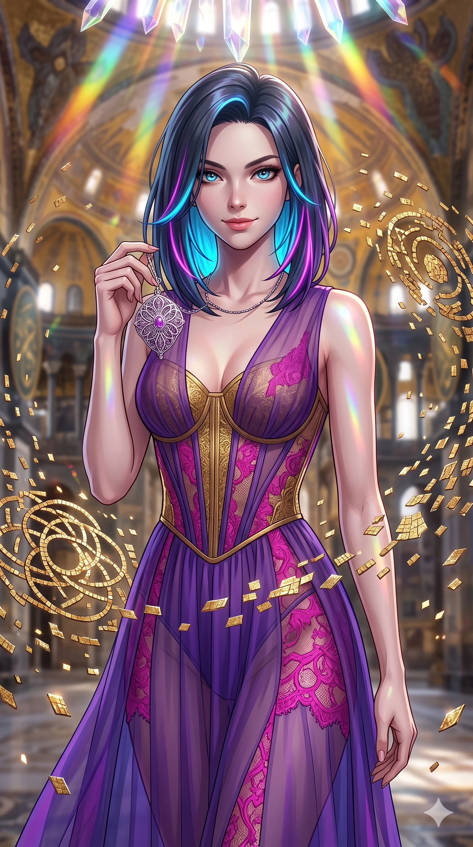 score_9, masterpiece, best quality, ultra-detailed, high-budget anime keyframe, editorial fashion photography, tasteful artistic composition, Caucasian woman, strictly human ears. close-up cowboy shot from the waist and thighs up, the character dominates the composition, filling the frame with her large presence, background elements kept in soft focus. Holding a delicate object up near her face while gazing at the viewer with a knowing smile. set against a soft-focus background of a grand Byzantine hall where millions of golden mosaic tiles detach from the walls and ceiling to float and rearrange themselves into new sacred patterns mid-air shimmering with metallic luster. She has an exceptionally elegant and slender, willowy female figure with an ultra-slim waist, a gracefully sculpted slender torso, and a refined slim physique. sharp v-shaped jawline, high-bridge nose, intricate jewel-like eyes with depth, thick eyelashes, glossy lips with a natural sheen. wearing a floor-length sheer gown in royal purple, featuring strategic fuchsia lace placement and a structured gold-threaded corset bodice. cascading rainbow prismatic light refracting through crystal formations overhead. 2k, ultra detail, master piece, 9:16 ratio