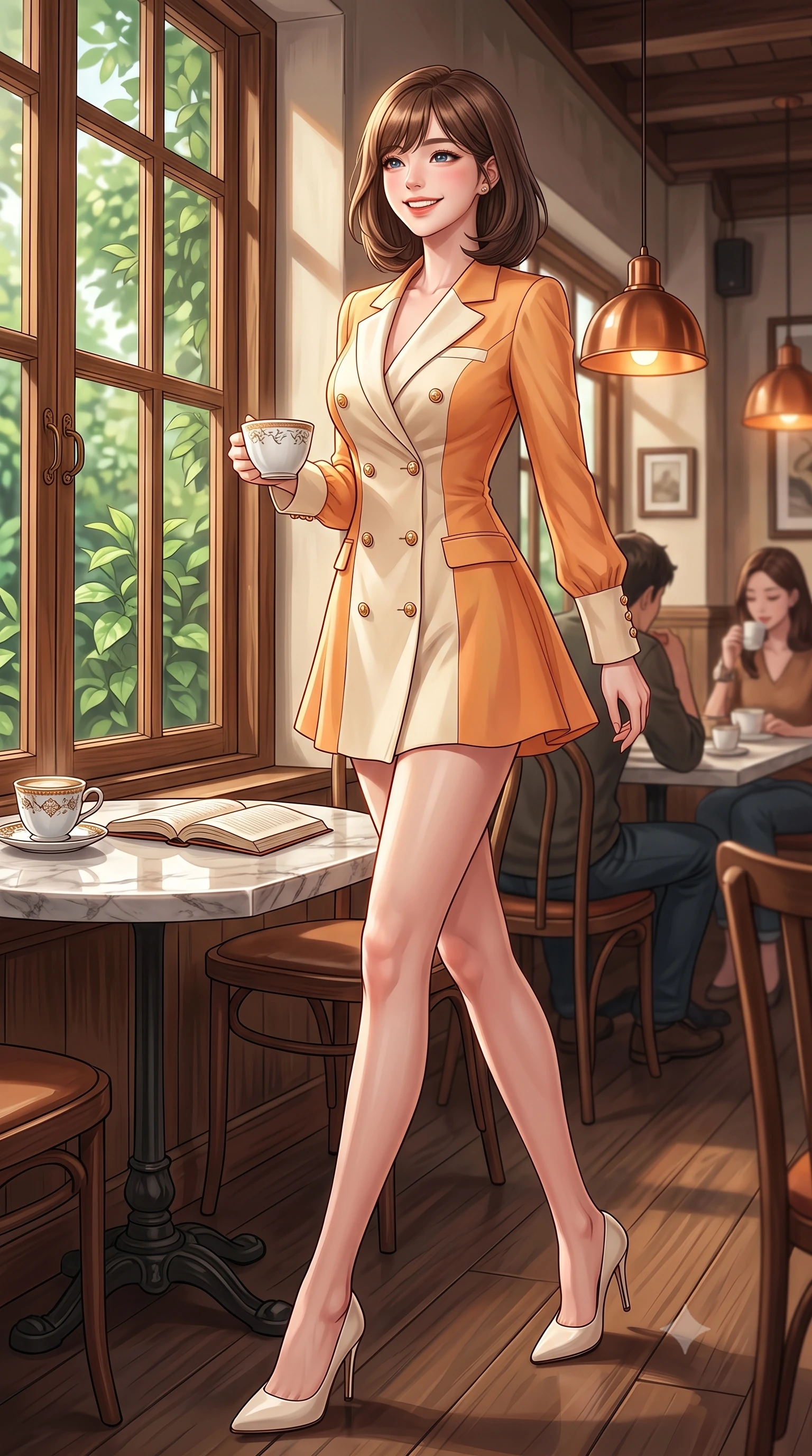 score_9, masterpiece, best quality, ultra-detailed, high-budget anime keyframe, editorial fashion photography, tasteful artistic composition, Korean woman. low angle full-body shot from head to toe showing her feet, filling the entire 9:16 vertical frame with her statuesque presence, stretching her vertical silhouette. walking forward in a proud dynamic stride with a cheerful beaming smile, her vertical silhouette filling the frame while sitting by a sunlit wooden window inside a cozy cafe, holding a porcelain coffee cup. The surrounding environment is rendered in vivid detail and crisp panoramic clarity. intricate marble tabletop textures, green garden leaves, and cafe decor captured in deep focus. She has an absolutely perfect, statuesque 8.5-heads proportion, an exceptionally tall and slender model-like female figure with impossibly long slender legs and an ultra-slim waist. sharp v-shaped jawline, high-bridge nose, intricate jewel-like eyes with depth, thick eyelashes, glossy lips with a natural sheen, flawlessly proportioned anatomical accuracy, natural body alignment, perfectly sculpted elegant limbs, clean dynamic posture without body distortion. wearing a sleek double-breasted blazer dress with gold button accents in warm apricot orange and cream white, crafted from lightweight fluid chiffon, adorned with delicate gold buttons along the front, the elegant draped fit framing her graceful clavicle and slender torso. illuminated by soft glowing amber indoor lamps and natural garden reflections. highly saturated vibrant anime colors, detailed shading with soft gradients, rich glossy textures, high-contrast stereoscopic depth, volumetric dynamic lighting, master piece, 9:16 ratio