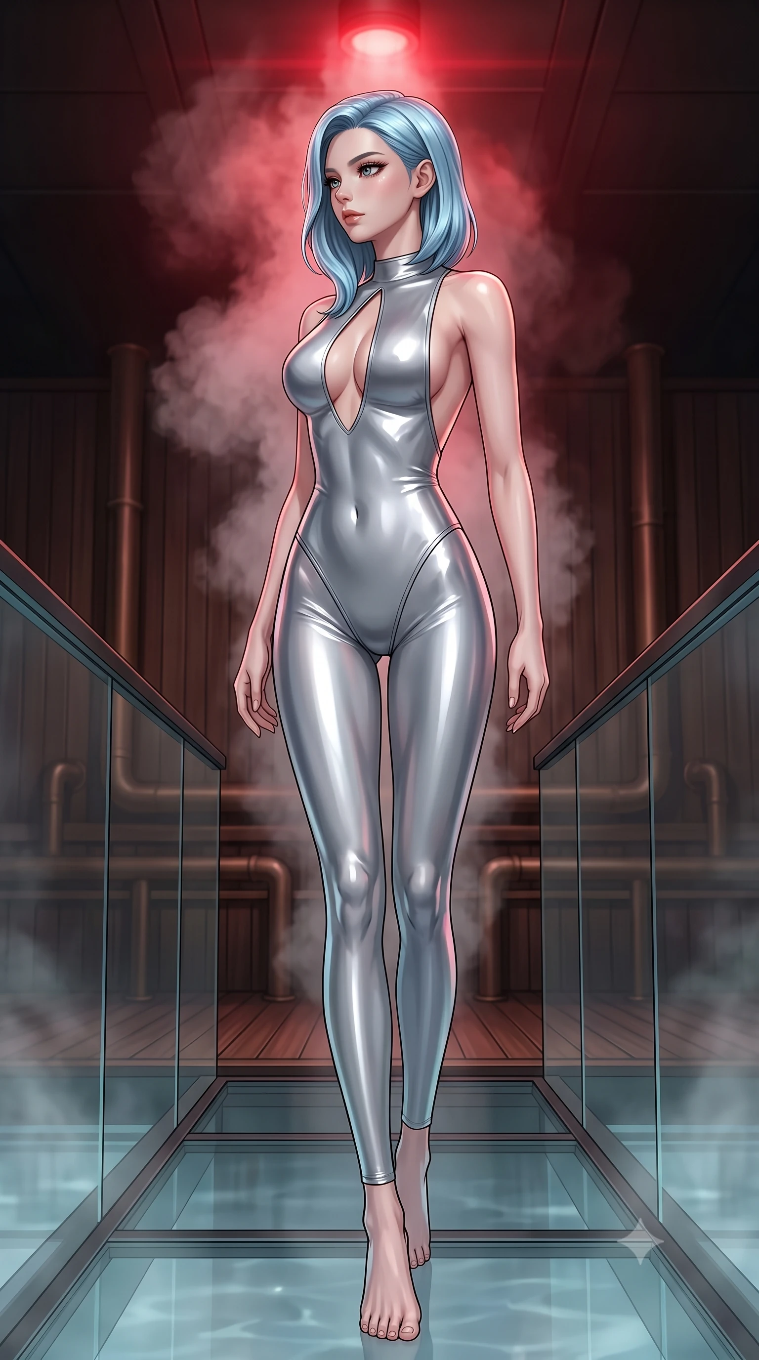 score_9, masterpiece, best quality, ultra-detailed, high-budget anime keyframe, editorial fashion photography, tasteful artistic composition, Korean woman. low angle full-body shot from head to toe showing her feet, filling the entire 9:16 vertical frame with her statuesque presence, stretching her vertical silhouette. walking slowly along a glass skybridge, looking back over her shoulder with an air of effortless grace, the background shows a soft-focus a thermal bath deck with dark cedar panels and bronze steam pipes. She has an absolutely perfect, statuesque 8.5-heads proportion, an exceptionally tall and slender model-like female figure with impossibly long slender legs and an ultra-slim waist. sharp v-shaped jawline, high-bridge nose, intricate jewel-like eyes with depth, thick eyelashes, glossy lips with a natural sheen. wearing a slim-fit backless combat bodysuit in metallic silver, featuring a plunging keyhole cutout and low-cut back. steam venting catching a pulsing crimson warning beacon light from above. ultra-reflective glossy finish, specular highlights, metallic sheen, high-contrast stereoscopic depth, volumetric dynamic lighting, 2k, ultra detail, master piece, 9:16 ratio