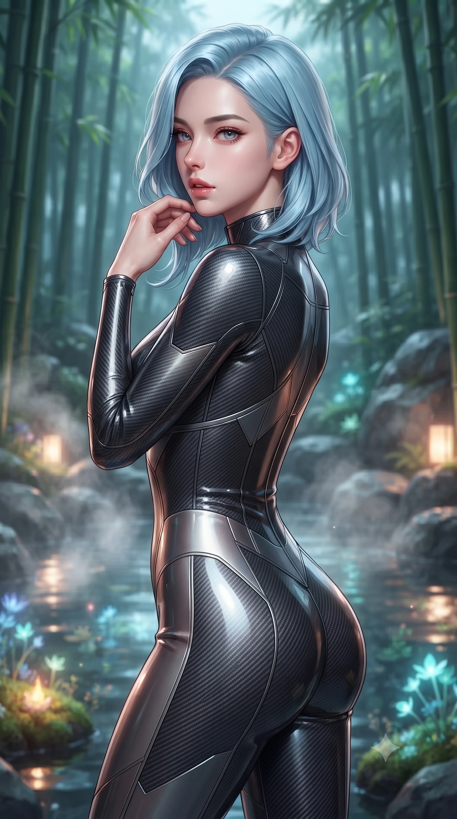 score_9, masterpiece, best quality, ultra-detailed, high-budget anime keyframe, editorial fashion photography, tasteful artistic composition, Korean woman. close-up cowboy shot from the waist and thighs up, the character dominates the composition, filling the frame with her large presence, background elements kept in soft focus. turning her face in profile to look over her shoulder, casting a smoldering side gaze with lips slightly parted, the background shows a soft-focus a rock garden hot spring inside a bamboo grove, with warm water and steam. She has an exceptionally elegant, slender, and willowy female figure with an ultra-slim waist, a gracefully sculpted slender torso, and a refined silhouette. sharp v-shaped jawline, high-bridge nose, intricate jewel-like eyes with depth, thick eyelashes, glossy lips with a natural sheen. wearing a slim-fit skin-tight carbon-fiber pattern pilot bodysuit with a high-gloss finish, tracing every contour of her slender silhouette. soft flickering light from glowing moss reflecting on the water surface. ultra-reflective glossy finish, specular highlights, metallic sheen, high-contrast stereoscopic depth, volumetric dynamic lighting, 2k, ultra detail, master piece, 9:16 ratio