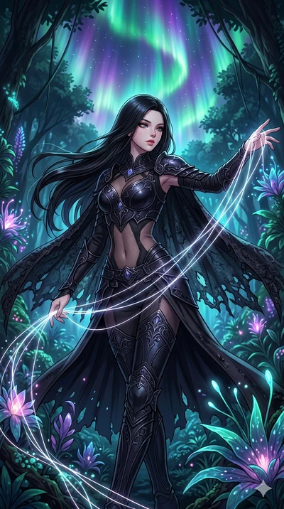 score_9, masterpiece, best quality, ultra-detailed, high-budget anime movie keyframe, cinematic anime lighting, intricate line art, Korean woman. Medium shot of upper body capturing the intricate details of her high-fashion attire. weaving threads of