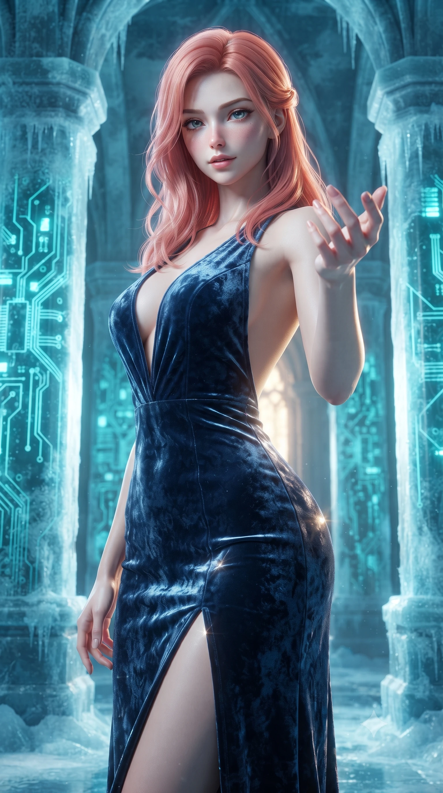score_9, masterpiece, best quality, ultra-detailed, high-budget anime keyframe, editorial fashion photography, tasteful artistic composition, Japanese woman. close-up cowboy shot from the waist and thighs up, the character dominates the composition, filling the frame with her large presence, background elements kept in soft focus. Reaching one hand gracefully toward the viewer with effortless superiority and allure standing inside an ice cathedral with glowing cyan circuit boards frozen in pillars, frosty condensation on surfaces catching brilliant rim lighting. She has an exceptionally elegant, slender, and willowy female figure with an ultra-slim waist, a gracefully sculpted slender torso, and a refined silhouette. sharp v-shaped jawline, high-bridge nose, intricate jewel-like eyes with depth, thick eyelashes, glossy lips with a natural sheen. wearing a backless crushed velvet gown with a deep plunging V-neckline and a high thigh slit, the tailored fabric tightly following every curve of her athletic build. lit by a dramatic clash of icy cyan neon and warm golden internal core light. ultra-reflective glossy finish, specular highlights, metallic sheen, high-contrast stereoscopic depth, volumetric dynamic lighting, 2k, ultra detail, master piece, 9:16 ratio