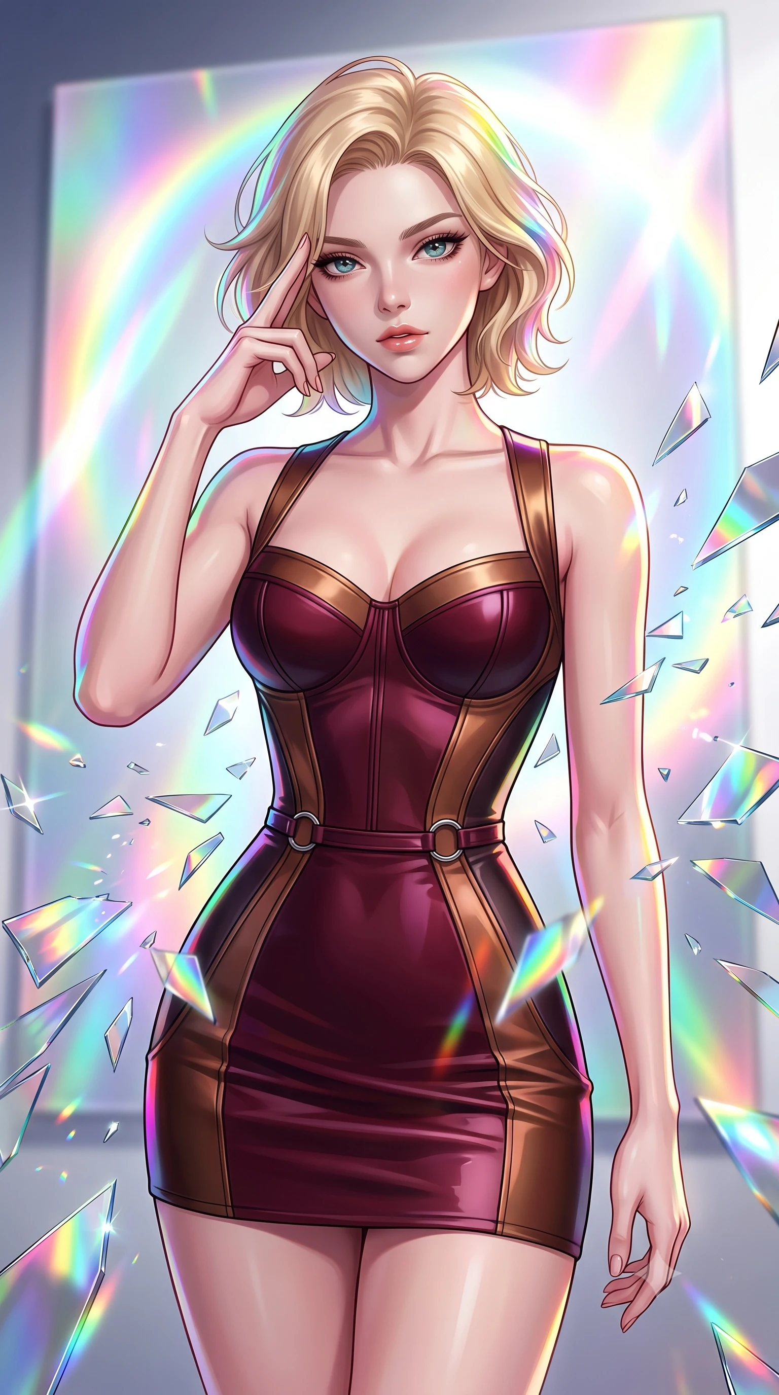 score_9, masterpiece, best quality, ultra-detailed, high-budget anime keyframe, editorial fashion photography, tasteful artistic composition, Caucasian woman. close-up cowboy shot from the waist and thighs up, the character dominates the composition, filling the frame with her large presence, background elements kept in soft focus. Pressing two fingers to her temple in a composed thoughtful gesture with an air of magnetic charisma poised before a giant holographic canvas emitting luminous color arcs, shattered mirror shards scattering brilliant rainbow reflections everywhere. She has an exceptionally elegant, slender, and willowy female figure with an ultra-slim waist, a gracefully sculpted slender torso, and a refined silhouette. sharp v-shaped jawline, high-bridge nose, intricate jewel-like eyes with depth, thick eyelashes, glossy lips with a natural sheen. wearing a modern fusion silk hanbok dress with a structured bodice in deep burgundy and bronze, formed from sleek second-skin neoprene, accented with delicate chrome ring hardware framing her waist, the form-contouring material highlighting her ultra-slim waist and long lines. drenched in bright white key light with colorful prismatic rim lighting. highly saturated vibrant anime colors, detailed shading with soft gradients, rich glossy textures, high-contrast stereoscopic depth, volumetric dynamic lighting, master piece, 9:16 ratio