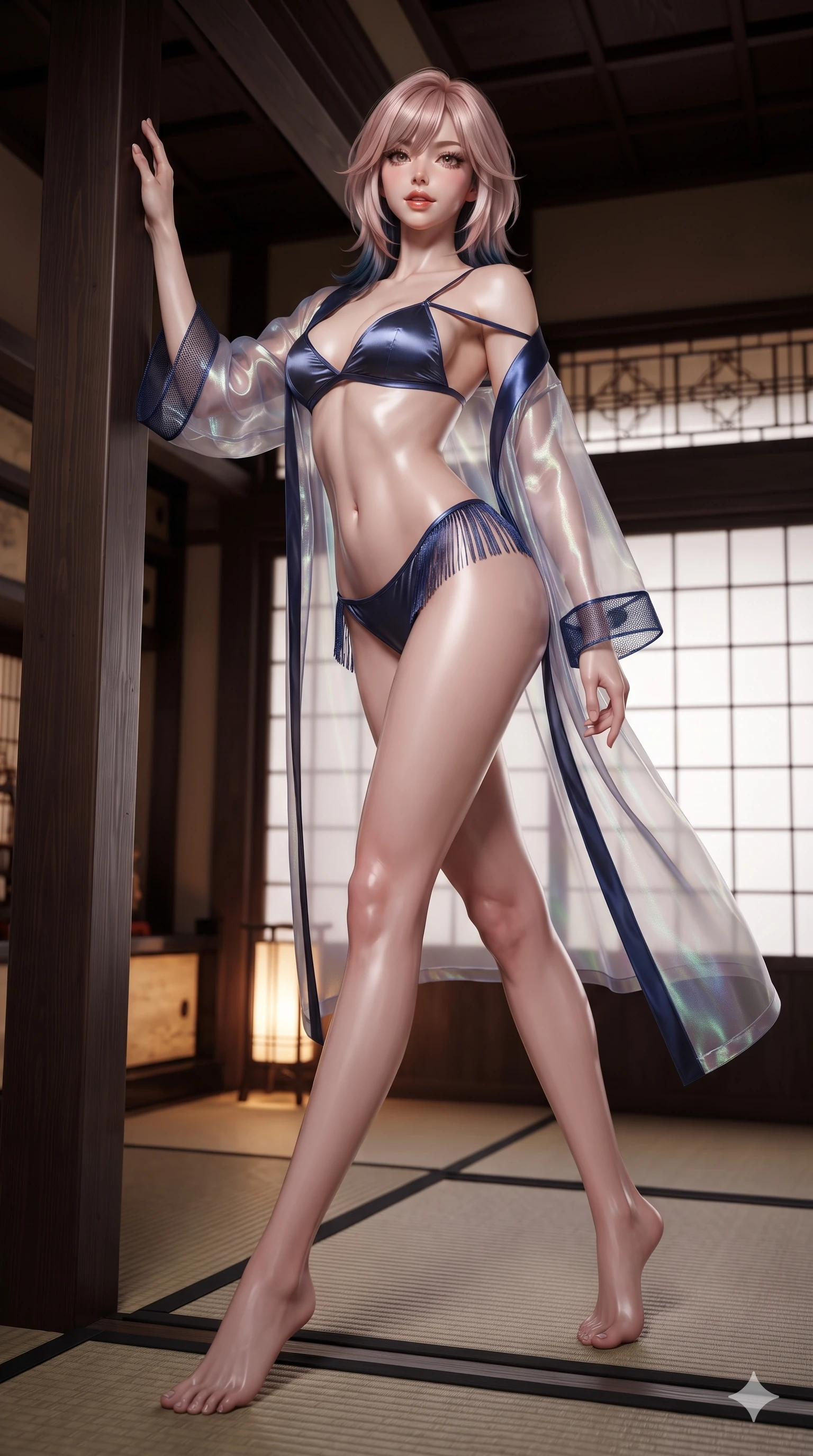 score_9, masterpiece, best quality, ultra-detailed, high-budget anime keyframe, editorial fashion photography, tasteful artistic composition, Japanese woman. low angle full-body shot from head to toe showing her feet, filling the entire 9:16 vertical frame with her statuesque presence, stretching her vertical silhouette. standing tall beside the architectural column, one hand resting high while arching her lower back to emphasize her sculpted feminine hips and slender waist while stepping gracefully across the black tatami mats, her long slender legs and curvy hourglass hips commanding the scholar library. The surrounding environment is rendered in vivid detail and crisp panoramic clarity: detailed tailored onyx tux dress drape, fine silk lapel sheen, and traditional woodwork in razor-sharp precision. She has an absolutely perfect, statuesque 8.5-heads proportion, an exceptionally tall and slender model-like female figure with impossibly long slender legs, an ultra-slim waist, a flat toned midriff, narrow delicate ribcage, and beautifully sculpted feminine hips creating a graceful, slim hourglass silhouette without any bulky heaviness. sharp v-shaped jawline, high-bridge nose, sparkling eyes with hypnotic seductive depth, thick curled eyelashes, glossy parted lips with a natural dewy peach sheen, alluring bedroom-eyes with an enchanting coquettish smile, exuding magnetic siren charisma and sophisticated glamour, flawlessly proportioned anatomical accuracy, strict slender model proportions, natural body alignment, perfectly sculpted long slender limbs, ultra-slim waistline, clean dynamic posture without body distortion. wearing a translucent iridescent organza durumagi robe slipping off bare shoulders over a matching satin micro-bralette and wrap briefs in metallic liquid silver and deep sapphire navy, made of delicate semi-sheer nanotech mesh with airy hexagonal open-weaves, finished with delicate silk fringe trim fluttering along her hip line with kinetic charm, the high-slit wrap tailoring accentuating her ultra-slim waistline and the enchanting curve of her feminine hips with alluring seductive charm. bathed in soft diffuse light filtering through paper shoji screens and warm oil lamp glow. ultra-reflective glossy finish, specular highlights, rich textural contrasts, high-contrast stereoscopic depth, volumetric dynamic lighting, 2k, ultra detail, master piece, 9:16 ratio