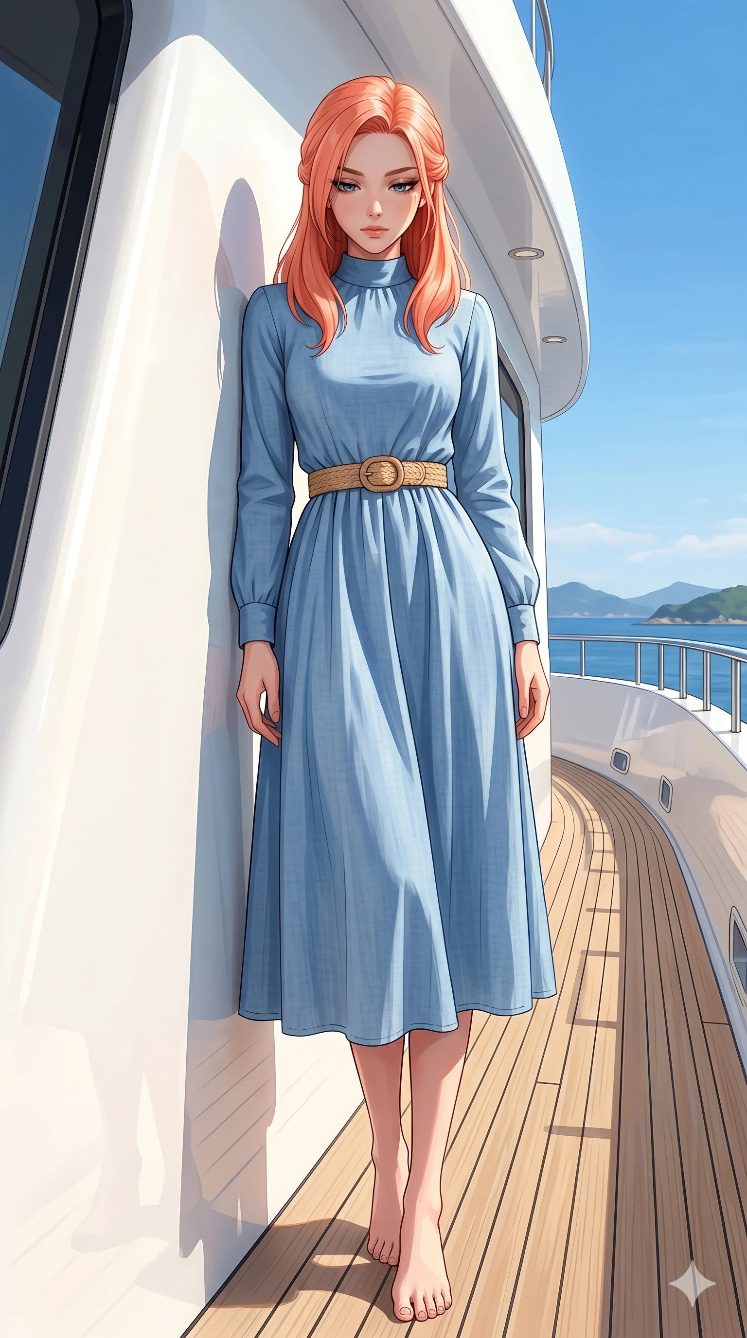 score_9, masterpiece, best quality, ultra-detailed, high-budget anime keyframe, editorial fashion photography, tasteful artistic composition, Japanese woman. low angle full-body shot from head to toe showing her feet, filling the entire 9:16 vertical frame with her statuesque presence, stretching her vertical silhouette. leaning against a whitewashed wall, casting a slow, magnetic gaze beneath her dark eyelashes on the teak deck of a luxury yacht cruising along a scenic coast under bright blue skies (Code-P19-010). She has an absolutely perfect 8-heads proportion, an exceptionally tall and slender female figure with impossibly long slender legs and an ultra-slim waist. V-shaped jawline, high-bridge nose, intricate jewel-like eyes with depth, thick eyelashes, glossy lips with a natural sheen. wearing a high-neck long-sleeved midi dress made of breathable light blue chambray cotton with a woven straw belt. illuminated by dramatic, high-angle sunshine that outlines her V-shaped jawline and high-bridge nose. 2k, ultra detail, master piece, 9:16 ratio
