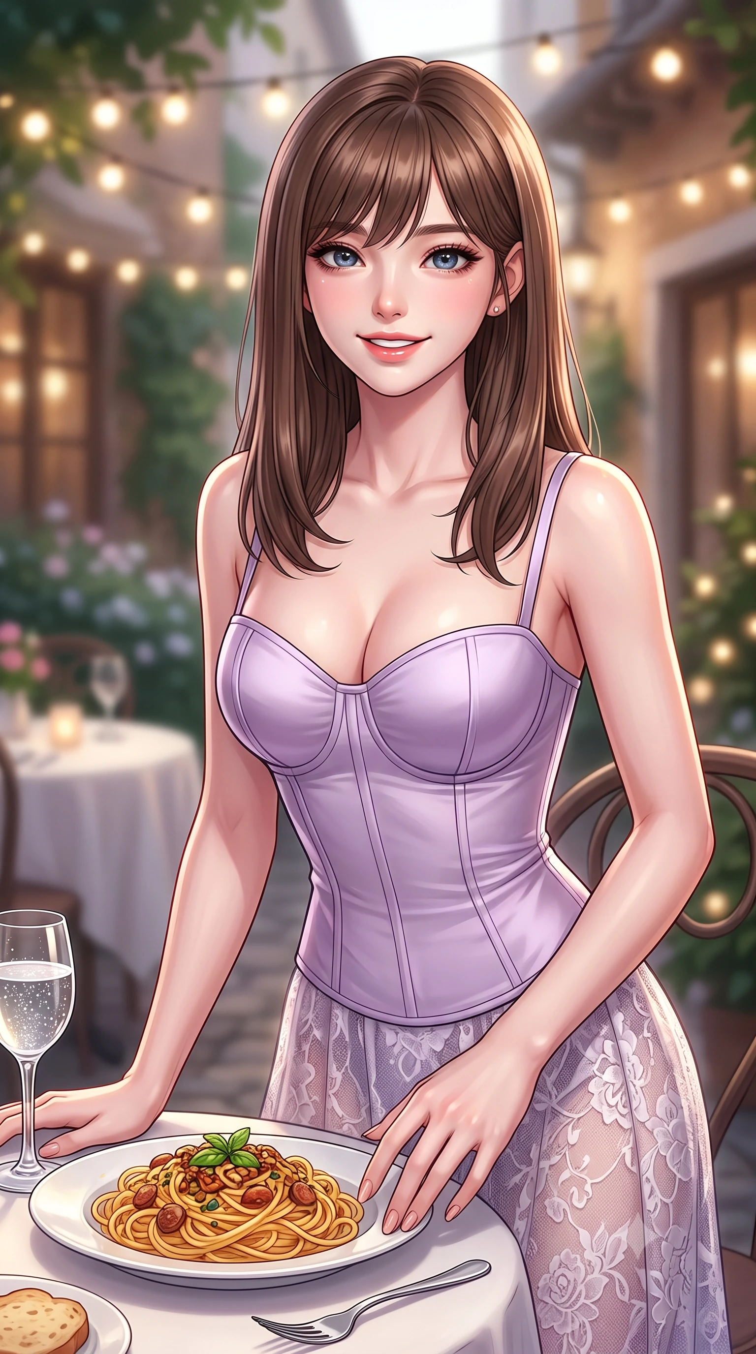 score_9, masterpiece, best quality, ultra-detailed, high-budget anime keyframe, editorial fashion photography, tasteful artistic composition, Korean woman. close-up cowboy shot from the waist and thighs up, the character dominates the composition, filling the frame with her large presence, background elements kept in soft focus. smiling with cute and bright self-assurance, looking directly at the viewer set against a soft-focus background of at an outdoor garden table of a cozy Italian bistro decorated with fairy lights with a plate of delicious pasta and a glass of sparkling water on the table. She has an exceptionally elegant, slender, and willowy female figure with an ultra-slim waist, a gracefully sculpted slender torso, and a refined silhouette. sharp v-shaped jawline, high-bridge nose, intricate jewel-like eyes with depth, thick eyelashes, glossy lips with a natural sheen. wearing slim-fit tailored bustier corset in soft lavender silk with a semi-opaque lace long skirt. gentle, warm ambient lighting highlighting the delicious food and her face. highly saturated vibrant anime colors, detailed shading with soft gradients, rich glossy textures, high-contrast stereoscopic depth, volumetric dynamic lighting, master piece, 9:16 ratio