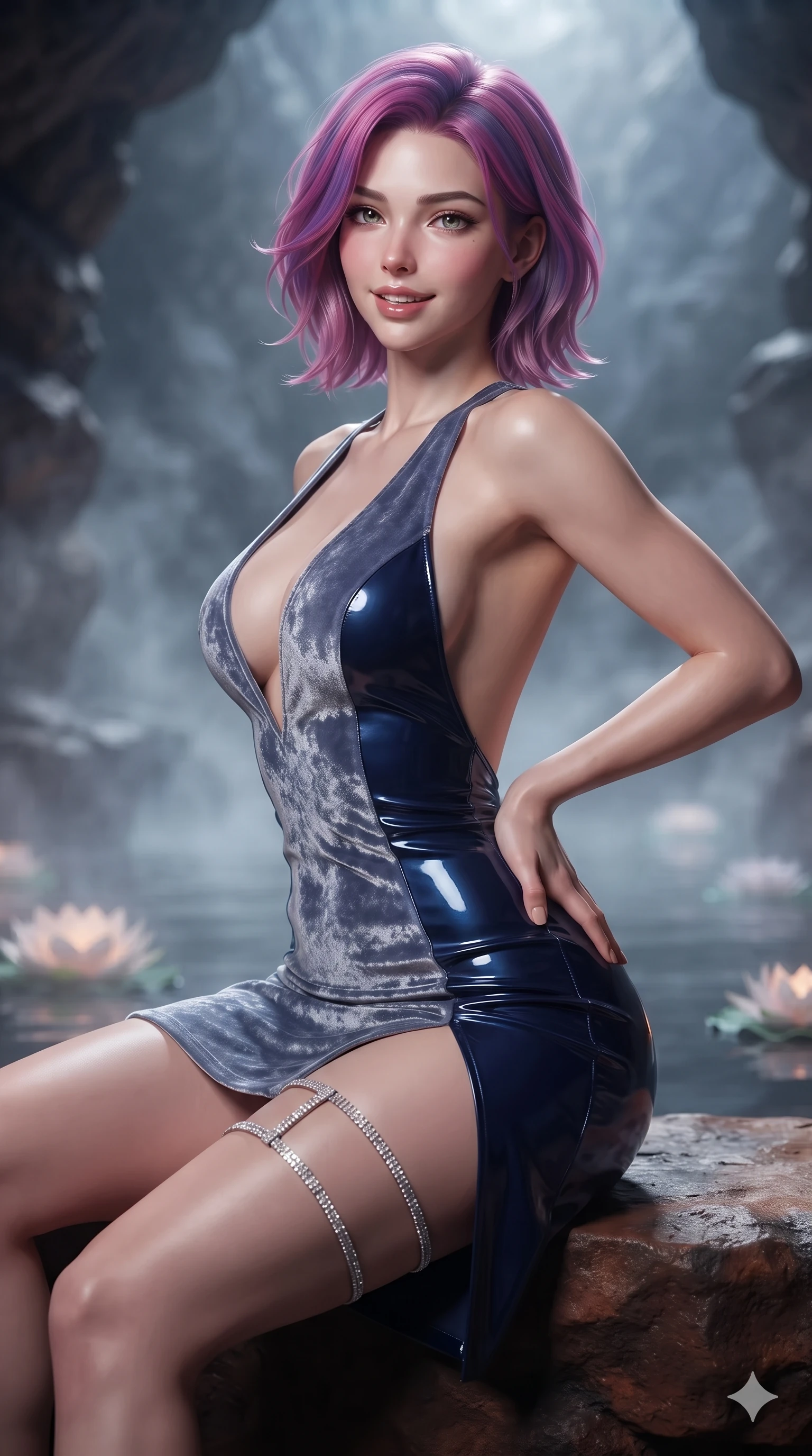score_9, masterpiece, best quality, ultra-detailed, high-budget anime keyframe, editorial fashion photography, tasteful artistic composition, Caucasian woman. close-up cowboy shot from the waist and thighs up, the character dominates the composition, filling the frame with her large presence. arching her spine backward with effortless dancer poise, one hand sliding along her hip line as directional light carves specular highlights along her silhouette while sitting poised on the warm volcanic stone ledge with legs extended, flashing an enchanting smile with parted glossy lips as floating lotus blossoms drift past. The background shows a soft-focus geothermal steam haze softened in volcanic rock grotto shallow focus. She has an exceptionally elegant, slender, and willowy female figure with an ultra-slim waist, flat toned midriff, narrow ribcage, and sculpted feminine hips creating an alluring, slim hourglass silhouette without bulk. sharp v-shaped jawline, high-bridge nose, intricate jewel-like sparkling eyes with depth, thick eyelashes, glossy parted lips with a natural sheen, intensely captivating and seductive bedroom-eyes expression, exuding both youthful cute charm and sovereign luxury allure, flawlessly proportioned anatomical accuracy, strict slender model proportions, natural body alignment, perfectly sculpted long slender limbs, ultra-slim waistline, clean dynamic posture without body distortion. wearing a backless crushed velvet mini dress with a deep plunging neckline and hip-high thigh slit in midnight sapphire blue and liquid platinum, tailored from high-gloss patent leather with mirror-like specular highlights, finished with delicate crystal-encrusted thigh garter straps glinting in the dim light, the impeccably tailored cut draping gracefully along her slender figure with aristocratic poise. bathed in the warm, moody ambient light of concealed rock-recessed spotlights combined with the soft silver glow of the moon. ultra-reflective glossy finish, specular highlights, rich textural contrasts, high-contrast stereoscopic depth, volumetric dynamic lighting, 2k, ultra detail, master piece, 9:16 ratio