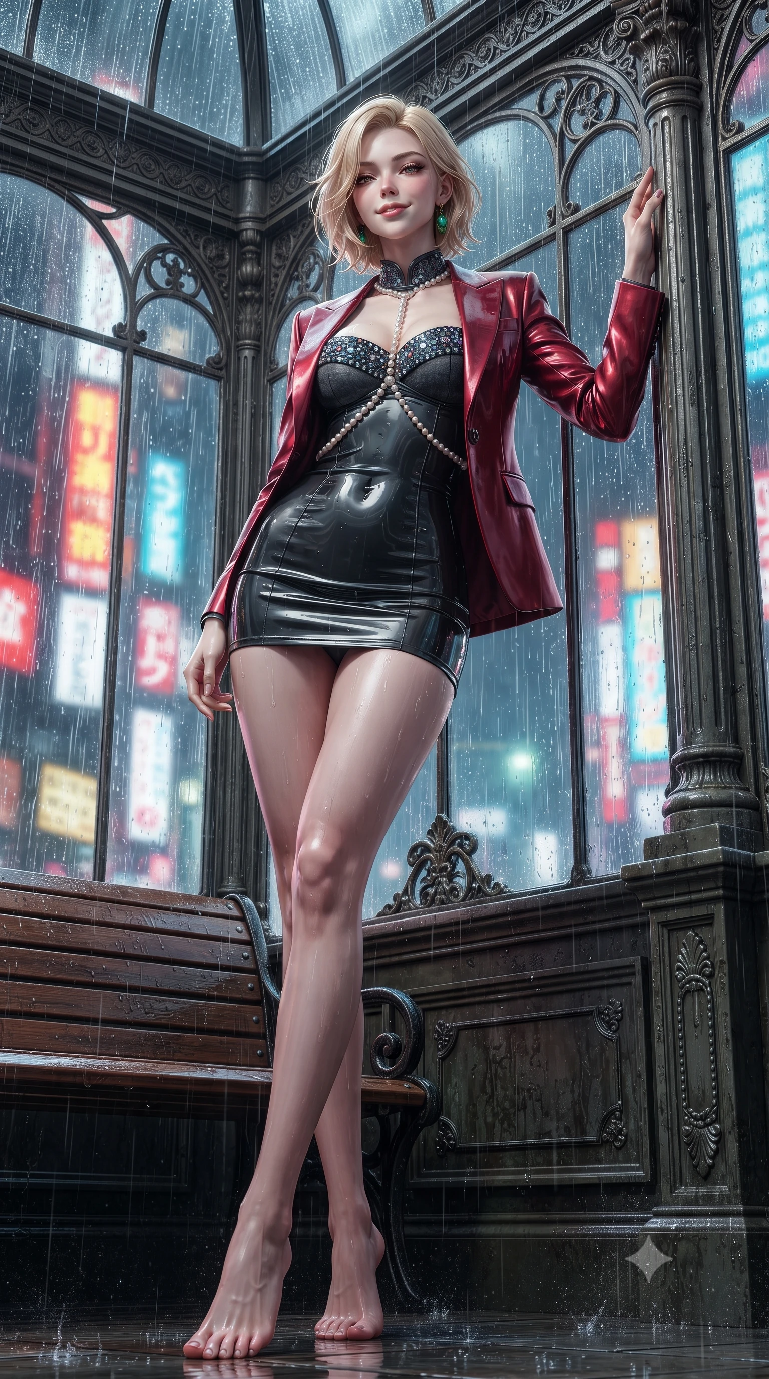 score_9, masterpiece, best quality, ultra-detailed, high-budget anime keyframe, editorial fashion photography, tasteful artistic composition, Caucasian woman. low angle full-body shot from head to toe showing her feet, filling the entire 9:16 vertical frame with her statuesque presence, stretching her vertical silhouette. standing tall beside the architectural column, one hand resting high while arching her lower back to emphasize her sculpted feminine hips and slender waist while leaning against the cast-iron greenhouse window frame with hips cocked back, looking through heavy rain toward blazing Shinjuku neon signs. The surrounding environment is rendered in vivid detail and crisp panoramic clarity: detailed wet-look latex cheongsam mini dress cling, jade earring shine, and retro-futuristic greenhouse framing in razor-sharp precision. She has an absolutely perfect, statuesque 8.5-heads proportion, an exceptionally tall and slender model-like female figure with impossibly long slender legs, an ultra-slim waist, a flat toned midriff, narrow delicate ribcage, and beautifully sculpted feminine hips creating a graceful, slim hourglass silhouette without any bulky heaviness. sharp v-shaped jawline, high-bridge nose, sparkling eyes with hypnotic seductive depth, thick curled eyelashes, glossy parted lips with a natural dewy peach sheen, alluring bedroom-eyes with an enchanting coquettish smile, exuding magnetic siren charisma and sophisticated glamour, flawlessly proportioned anatomical accuracy, strict slender model proportions, natural body alignment, perfectly sculpted long slender limbs, ultra-slim waistline, clean dynamic posture without body distortion. wearing a tailored open-front satin smoking jacket worn over a jewel-embellished bandeau and micro-shorts in rich cherry lacquer and smoky charcoal, woven from buttery-soft stretch lambskin leather adhering to her body like a second skin, accented with a pearl-drop body harness subtly framing her dewy collarbones and spine, the liquid-tight tailored fabric clinging flawlessly to her narrow waist and rounded feminine hips, emphasizing every millimeter of her sculpted slim hourglass curves without any bulky heaviness. illuminated by wet wooden bench reflections and sharp electric-magenta rim lights sculpting her jawline, flat midriff, and curvy hips. ultra-reflective glossy finish, specular highlights, rich textural contrasts, high-contrast stereoscopic depth, volumetric dynamic lighting, 2k, ultra detail, master piece, 9:16 ratio