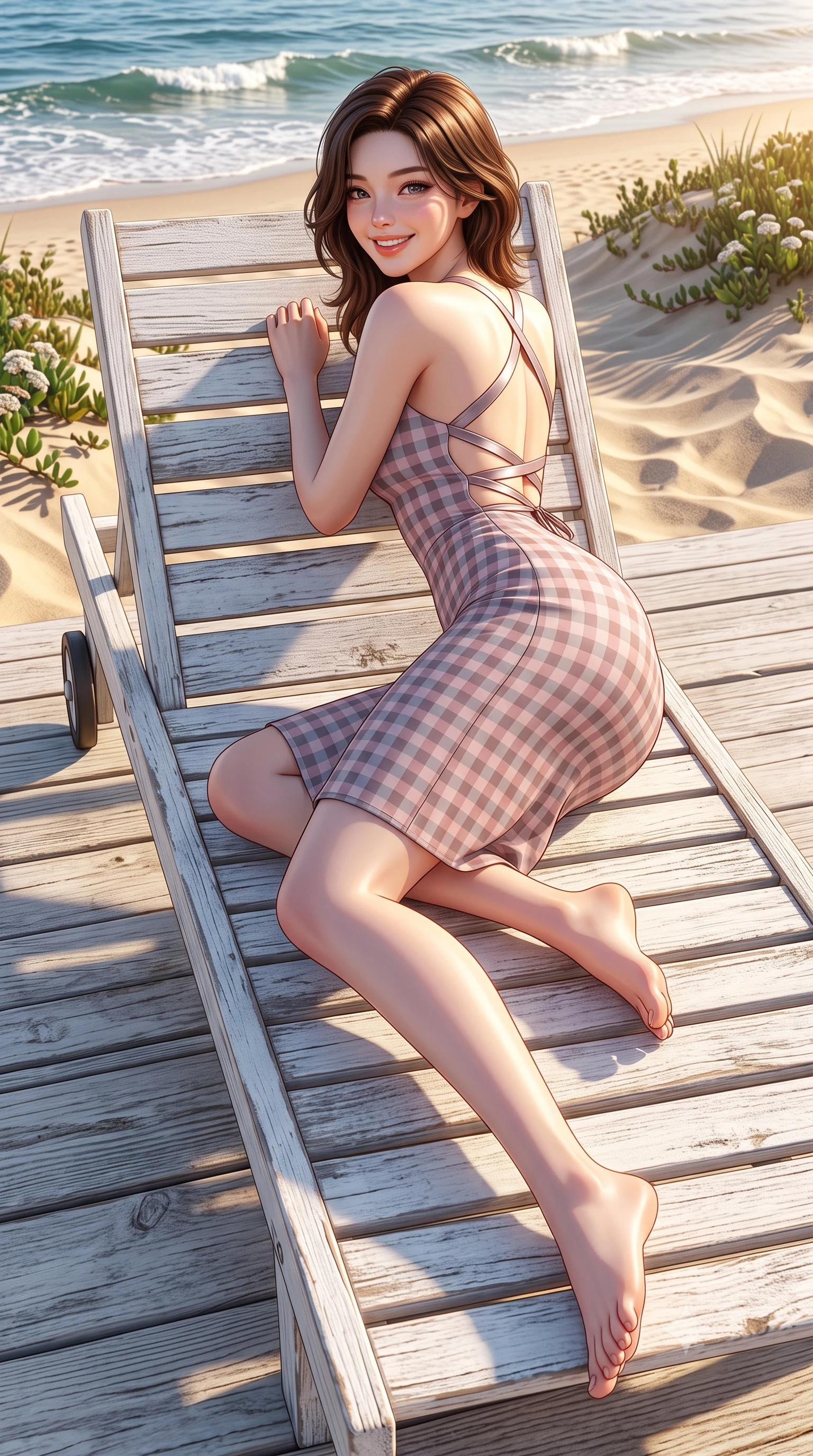 score_9, masterpiece, best quality, ultra-detailed, high-budget anime keyframe, semi-realistic 3D game render, editorial fashion photography, tasteful artistic composition, Korean woman. low angle full-body shot from head to toe showing her feet, filling the entire 9:16 vertical frame with her statuesque presence, stretching her vertical silhouette. reclining languidly on her side across the sunbed with one knee drawn up, her radiant smile and arched hip curve commanding the 9:16 vertical frame with youthful sensual charisma while walking gracefully down the private beach boardwalk steps with a beaming smile, her breezy resort wear hugging her narrow waist and hips. The surrounding environment is rendered in vivid detail and crisp panoramic clarity. sharp weathered white timber grain, sand dune textures, and ocean wave crest caustics in deep focus. She has an exceptionally tall and slender model-like 8.5-heads proportion, an ultra-slim waist, a flat toned midriff, narrow delicate ribcage, and beautifully sculpted feminine hips creating a graceful, slim hourglass silhouette without any bulky heaviness, with impossibly long slender legs. sharp v-shaped jawline, high-bridge nose, intricate jewel-like sparkling eyes with depth, thick eyelashes, glossy parted lips with a natural peach sheen, bright cheerful beaming smile with an enchanting and coquettish sensual glint, exuding both youthful cute charm and seductive allure, flawlessly proportioned anatomical accuracy, strict slender model proportions, natural body alignment, perfectly sculpted long slender limbs, ultra-slim waistline, clean dynamic posture without body distortion. wearing a backless lace-up gingham sundress with a form-fitting bodice and hip-defining silhouette in dusty rose and soft dove grey, tailored from crisp cotton poplin with clean structural lines, finished with criss-cross back satin straps highlighting her graceful shoulder blades, the form-contouring cut accentuating her sculpted flat midriff, narrow delicate ribcage, and gracefully curvy hips with supermodel precision. bathed in brilliant golden hour California sunlight streaming across the ocean water. highly saturated vibrant anime colors, detailed shading with soft gradients, rich glossy textures, high-contrast stereoscopic depth, volumetric dynamic lighting, master piece, 9:16 ratio