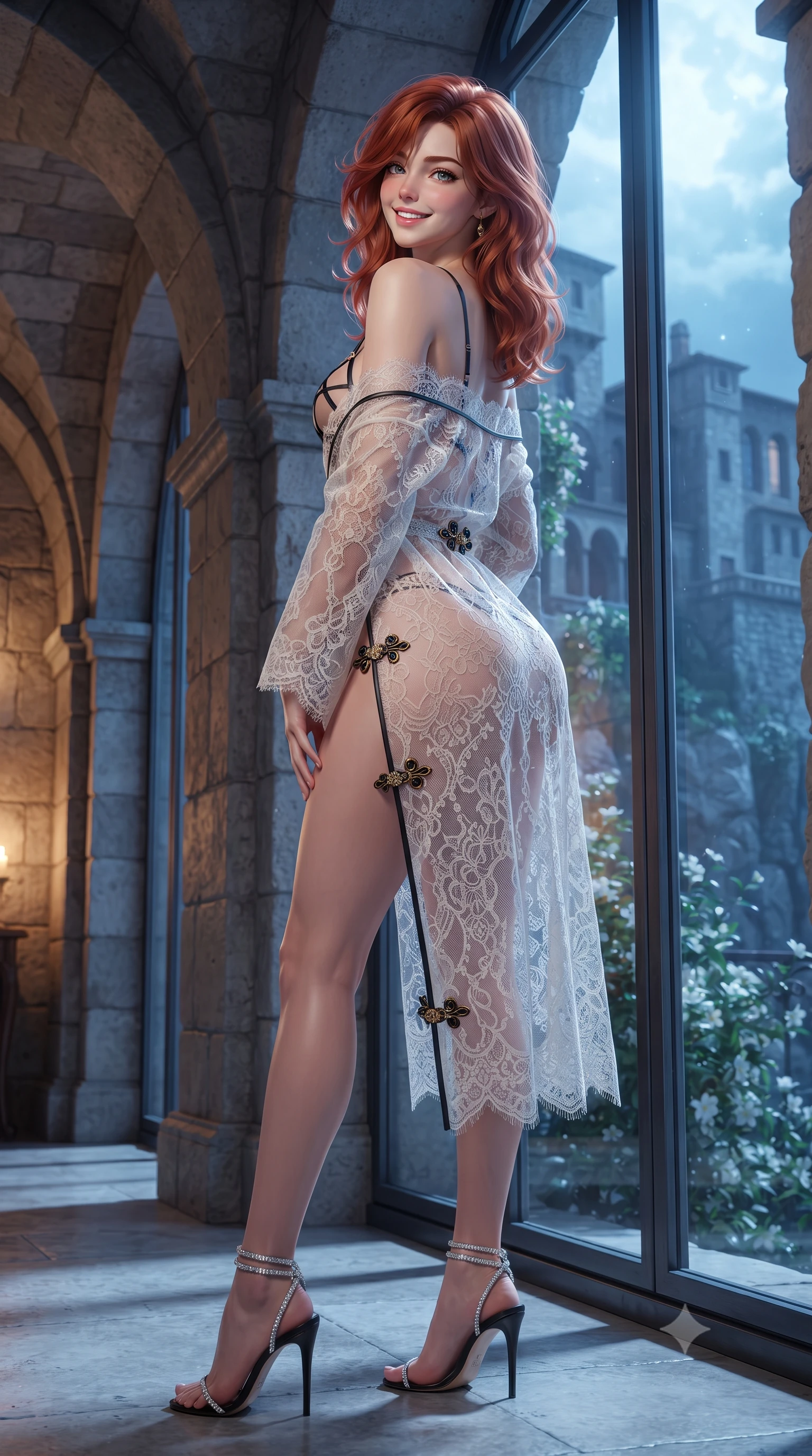 score_9, masterpiece, best quality, ultra-detailed, high-budget anime keyframe, editorial fashion photography, tasteful artistic composition, Korean woman. low angle full-body shot from head to toe showing her feet, filling the entire 9:16 vertical frame with her statuesque presence, stretching her vertical silhouette. sitting poised on the stone steps with one knee bent, arching her spine with supermodel elegance as she glances upward through thick eyelashes while lounging in the heated water propped on the pool rim with legs extended, her statuesque 8.5-heads silhouette commanding the canyon panorama. The background shows a soft-focus rising thermal pool vapor softened in breathtaking clifftop hideaway shallow focus. She has an exceptionally tall and slender model-like 8.5-heads proportion, an ultra-slim waist, a flat toned midriff, narrow delicate ribcage, and beautifully sculpted feminine hips creating a graceful, slim hourglass silhouette without any bulky heaviness, with impossibly long slender legs. sharp v-shaped jawline, high-bridge nose, intricate jewel-like sparkling eyes with depth, thick eyelashes, glossy parted lips with a natural peach sheen, bright cheerful beaming smile with an enchanting and coquettish sensual glint, exuding both youthful cute charm and seductive allure, flawlessly proportioned anatomical accuracy, strict slender model proportions, natural body alignment, perfectly sculpted long slender limbs, ultra-slim waistline, clean dynamic posture without body distortion. wearing a structured boned corset top paired with an ultra-short low-rise pleated micro mini skirt in Grasse centifolia rose petal blush and burnished copper, featuring strategic sheer-illusion tulle side panels framing her ribcage and hips, featuring fine criss-cross lace-up side ties revealing tantalizing glimpses of her hip curve, the impeccably tailored cut draping gracefully along her slender figure with aristocratic poise. illuminated by pool water reflection bounce and sharp platinum-cyan rim lights defining her dewy collarbones, ultra-slim waist, and curvy hips. ultra-reflective glossy finish, specular highlights, rich textural contrasts, high-contrast stereoscopic depth, volumetric dynamic lighting, 2k, ultra detail, master piece, 9:16 ratio