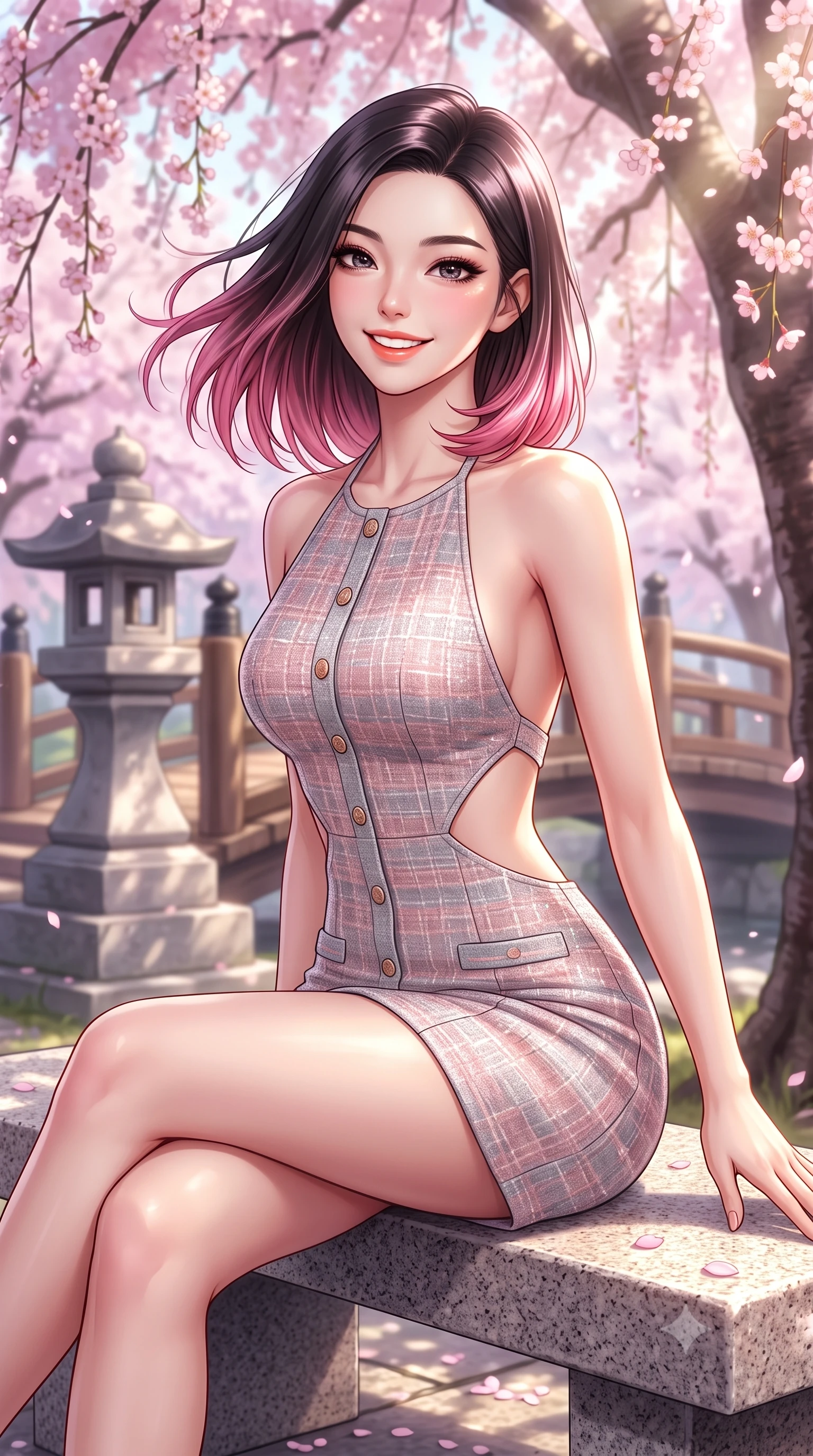 score_9, masterpiece, best quality, ultra-detailed, high-budget anime keyframe, semi-realistic 3D game render, editorial fashion photography, tasteful artistic composition, Korean woman. close-up cowboy shot from the waist and thighs up, the character dominates the composition, filling the frame with her large presence. turning playfully with a bright confident smile, her glossy hair tossing in the breeze as her hips angle gracefully in a captivating contrapposto while sitting on a sunny granite bench beside weeping sakura trees with legs crossed, her flat midriff and feminine hips highlighted by dappled light. The composition keeps background elements in soft focus with dreamy creamy bokeh. traditional Japanese stone lanterns and wooden bridges softened in sophisticated Tokyo shallow focus. She has an exceptionally elegant, slender, and willowy female figure with an ultra-slim waist, flat toned midriff, narrow ribcage, and sculpted feminine hips creating an alluring, slim hourglass silhouette without bulk. sharp v-shaped jawline, high-bridge nose, intricate jewel-like sparkling eyes with depth, thick eyelashes, glossy parted lips with a natural peach sheen, bright cheerful beaming smile with an enchanting and coquettish sensual glint, exuding both youthful cute charm and seductive allure, flawlessly proportioned anatomical accuracy, strict slender model proportions, natural body alignment, perfectly sculpted long slender limbs, ultra-slim waistline, clean dynamic posture without body distortion. wearing a backless pastel halter sundress with side-waist diamond cutouts and an ultra-fitted hip-hugging silhouette in dusty rose and soft dove grey, tailored from soft pastel tweed with subtle metallic shimmer, finished with neat front wooden buttons and delicate pocket details, the precision-cut side openings and low-back scoop framing her graceful spine and the sensual sweep of her slim, toned hips. bathed in bright morning spring sunlight scattering through blooming flower canopies. highly saturated vibrant anime colors, detailed shading with soft gradients, rich glossy textures, high-contrast stereoscopic depth, volumetric dynamic lighting, master piece, 9:16 ratio