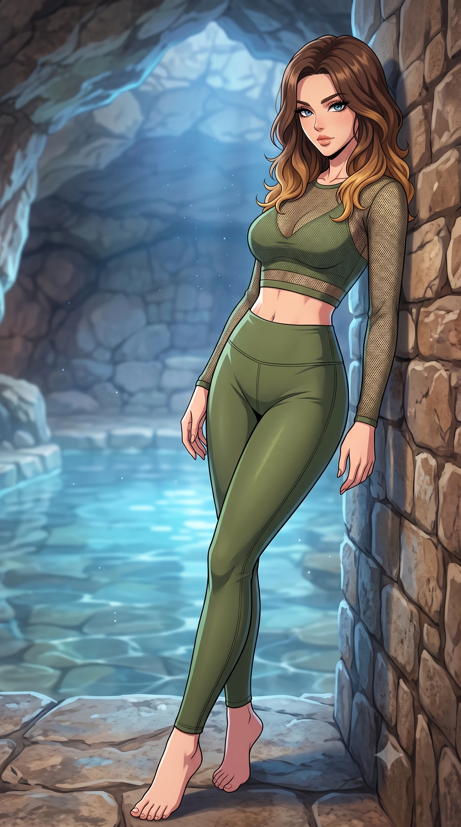 score_9, masterpiece, best quality, ultra-detailed, high-budget anime keyframe, tasteful artistic composition, Korean woman. low angle full-body shot from head to toe showing her feet, filling the entire 9:16 vertical frame with her statuesque presence, stretching her vertical silhouette. leaning back against a rustic stone wall, casting a slow, alluring gaze at the camera the background shows a soft-focus a private stone bath pool built inside a natural rock cave with clear mineral water. She has an absolutely perfect, statuesque 8.5-heads proportion, an exceptionally tall and slender model-like female figure with impossibly long slender legs and an ultra-slim waist. sharp v-shaped jawline, high-bridge nose, intricate jewel-like eyes with depth, thick eyelashes, glossy lips with a natural sheen. wearing a form-contouring sheer mesh long-sleeve crop top in olive green, worn over a matching sports bra and leggings. soft blue light reflecting from the pool water onto the rocky cave ceiling. highly saturated vibrant anime colors, cel-shading, 2d style, master piece, 9:16 ratio