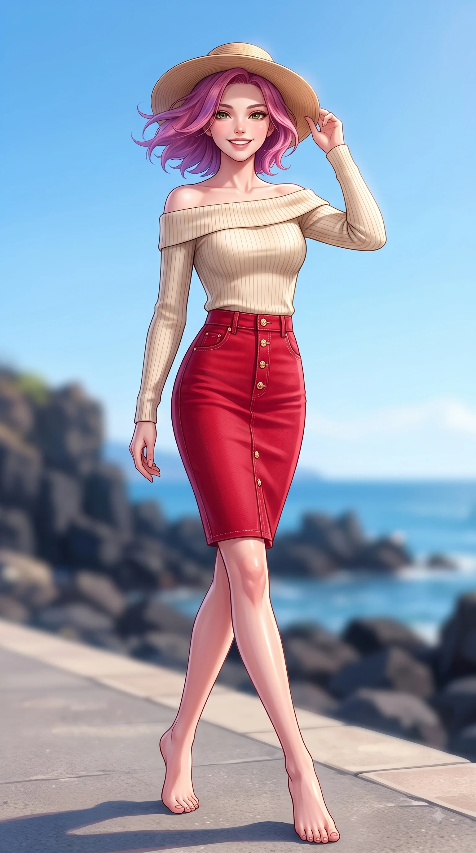 score_9, masterpiece, best quality, ultra-detailed, high-budget anime keyframe, editorial fashion photography, tasteful artistic composition, Caucasian woman. low angle full-body shot from head to toe showing her feet, filling the entire 9:16 vertical frame with her statuesque presence, stretching her vertical silhouette. stepping forward gracefully in mid-motion with a delighted cute expression, displaying her statuesque model proportions while holding her straw hat lightly against the fresh sea breeze while smiling at the camera. The composition keeps background elements in soft focus with dreamy bokeh. dark basalt rocks and clear blue skies softened with a gentle background blur. She has an absolutely perfect, statuesque 8.5-heads proportion, an exceptionally tall and slender model-like female figure with impossibly long slender legs and an ultra-slim waist. sharp v-shaped jawline, high-bridge nose, intricate jewel-like eyes with depth, thick eyelashes, glossy lips with a natural sheen, flawlessly proportioned anatomical accuracy, natural body alignment, perfectly sculpted elegant limbs, clean dynamic posture without body distortion. wearing a sleek off-shoulder ribbed sweater paired with a high-waisted fitted denim pencil skirt in vivid crimson red and champagne cream, knitted from soft cozy cashmere yarn, adorned with delicate gold buttons along the front, the tailored fabric tightly following every curve of her athletic build. surrounded by a fresh, sun-drenched, and relaxing vacation atmosphere. highly saturated vibrant anime colors, detailed shading with soft gradients, rich glossy textures, high-contrast stereoscopic depth, volumetric dynamic lighting, master piece, 9:16 ratio