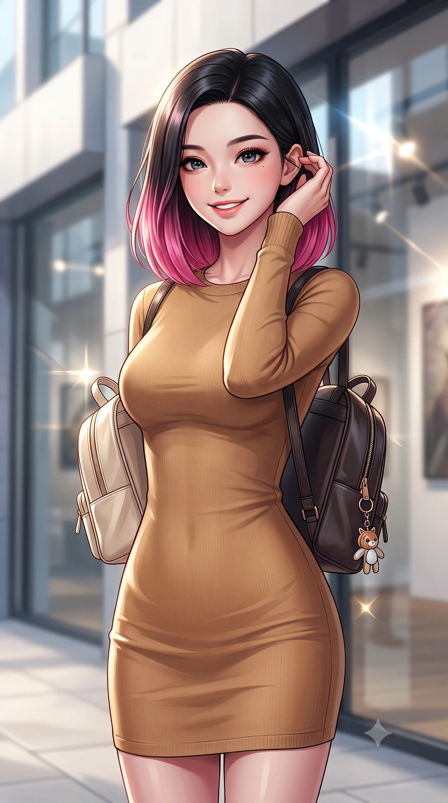 score_9, masterpiece, best quality, ultra-detailed, high-budget anime keyframe, editorial fashion photography, tasteful artistic composition, Korean woman. close-up cowboy shot from the waist and thighs up, the character dominates the composition, filling the frame with her large presence, background elements kept in soft focus. smiling cutely while gently brushing a strand of hair behind her ear set against a soft-focus background of near a modern art gallery entrance on a fashionable city street holding a cute key ring attached to her small backpack. She has an exceptionally elegant, slender, and willowy female figure with an ultra-slim waist, a gracefully sculpted slender torso, and a refined silhouette. sharp v-shaped jawline, high-bridge nose, intricate jewel-like eyes with depth, thick eyelashes, glossy lips with a natural sheen. wearing form-contouring sleek, body-hugging long-sleeve knit dress in camel, outlining her slender silhouette. bright afternoon sunbeams creating sharp reflections on the glass shop windows. highly saturated vibrant anime colors, detailed shading with soft gradients, rich glossy textures, high-contrast stereoscopic depth, volumetric dynamic lighting, master piece, 9:16 ratio