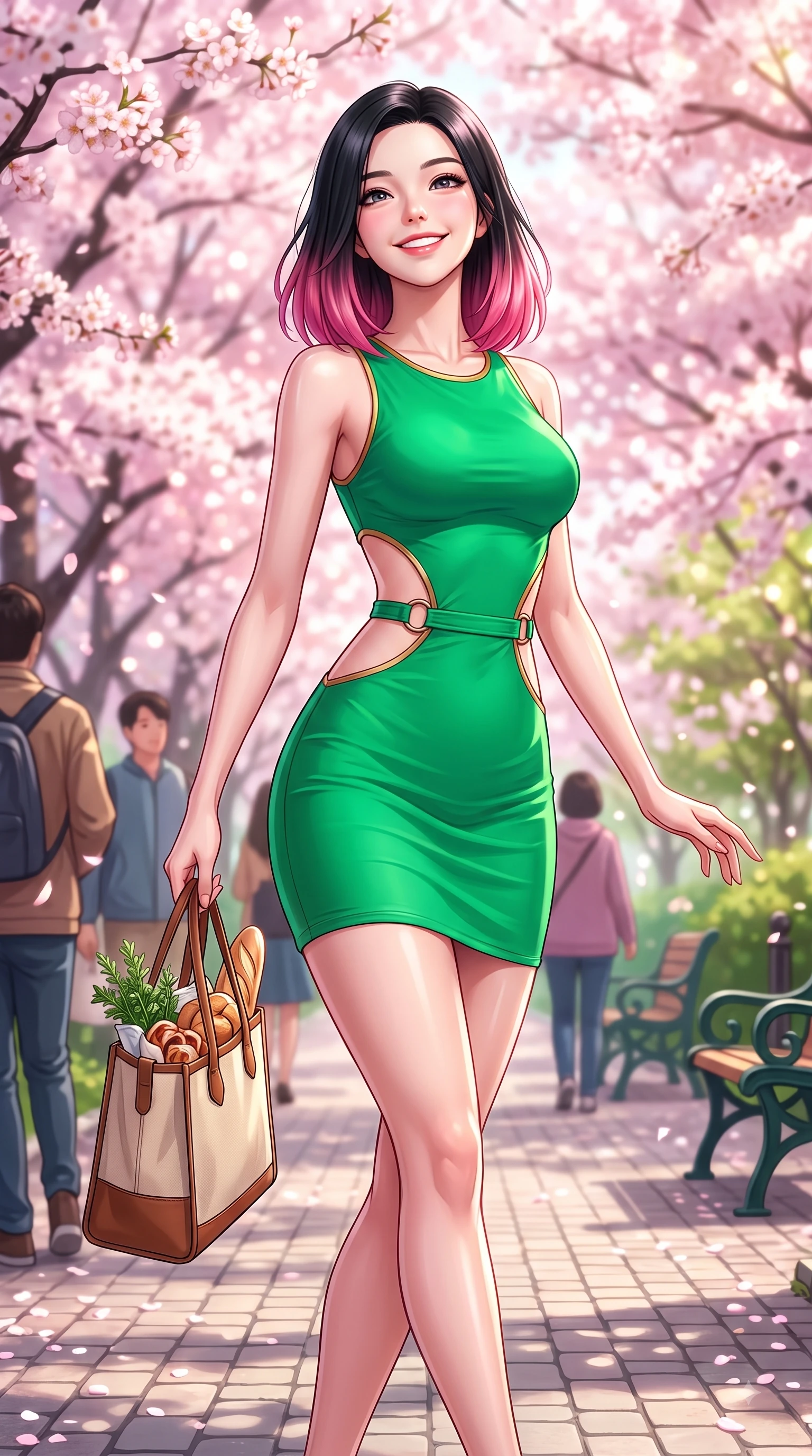 score_9, masterpiece, best quality, ultra-detailed, high-budget anime keyframe, editorial fashion photography, tasteful artistic composition, Korean woman. close-up cowboy shot from the waist and thighs up, the character dominates the composition, filling the frame with her large presence. Tilting her chin up with a sweet beaming smile of pure delight while balancing dynamically amidst the scene while stepping along a paved park trail carrying a tote bag with fresh youthful charm. The composition keeps background elements in soft focus with dreamy bokeh. dense cherry blossom canopies blurring into a dreamy glowing pink and white bokeh backdrop. She has an exceptionally elegant, slender, and willowy female figure with an ultra-slim waist, a gracefully sculpted slender torso, and a refined silhouette. sharp v-shaped jawline, high-bridge nose, intricate jewel-like eyes with depth, thick eyelashes, glossy lips with a natural sheen, flawlessly proportioned anatomical accuracy, natural body alignment, perfectly sculpted elegant limbs, clean dynamic posture without body distortion. wearing a form-contouring bodycon dress featuring subtle strategic side waist cutouts in bright emerald green and warm gold trim, crafted from lightweight fluid chiffon, accented with subtle metallic ring hardware framing her waist, the glove-like fit emphasizing her statuesque silhouette during motion. surrounded by a fresh, sweet, and nostalgic spring park atmosphere. highly saturated vibrant anime colors, detailed shading with soft gradients, rich glossy textures, high-contrast stereoscopic depth, volumetric dynamic lighting, master piece, 9:16 ratio