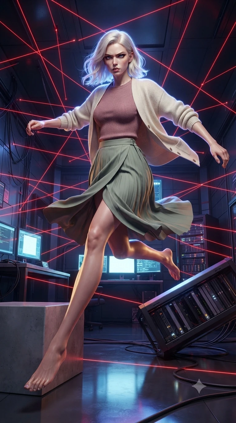 score_9, masterpiece, best quality, ultra-detailed, high-budget anime keyframe, editorial fashion photography, tasteful artistic composition, realistic cosplay photography, Caucasian woman, strictly human ears. low angle full-body shot from head to toe showing her feet, filling the entire 9:16 vertical frame with her statuesque presence, stretching her vertical silhouette. vaulting over architectural obstacles with acrobatic grace and fierce determination through a high-tech security room filled with a grid of hundreds of red laser beams crossing the space at all angles. She has a statuesque 8.5-heads proportion, an exceptionally tall, slender and willowy model-like build with impossibly long legs and a highly sculpted ultra-slim waist. sharp v-shaped jawline, high-bridge nose, intricate jewel-like eyes with depth, thick eyelashes, glossy lips with a natural sheen. wearing the lightweight fabric rippling and billowing dramatically with her movement, a tailored dusty rose ribbed knit top layered under a cream wool cardigan, paired with a sage green pleated wrap midi skirt. brilliant cinematic volumetric lighting with intense neon rim light outlining her form. ultra-reflective glossy finish, specular highlights, metallic sheen, high-contrast stereoscopic depth, volumetric dynamic lighting, 2k, ultra detail, master piece, 9:16 ratio