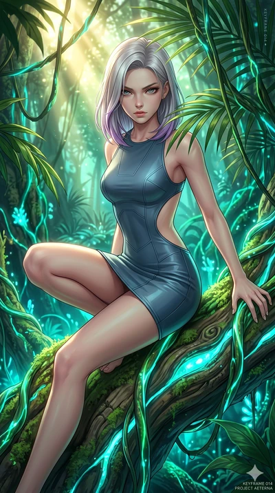 score_9, masterpiece, best quality, ultra-detailed, high-budget anime keyframe, Caucasian woman, strictly human ears. Upper body close-up from the thighs up, character filling the screen for maximum presence. She is crouching dynamically on a massive