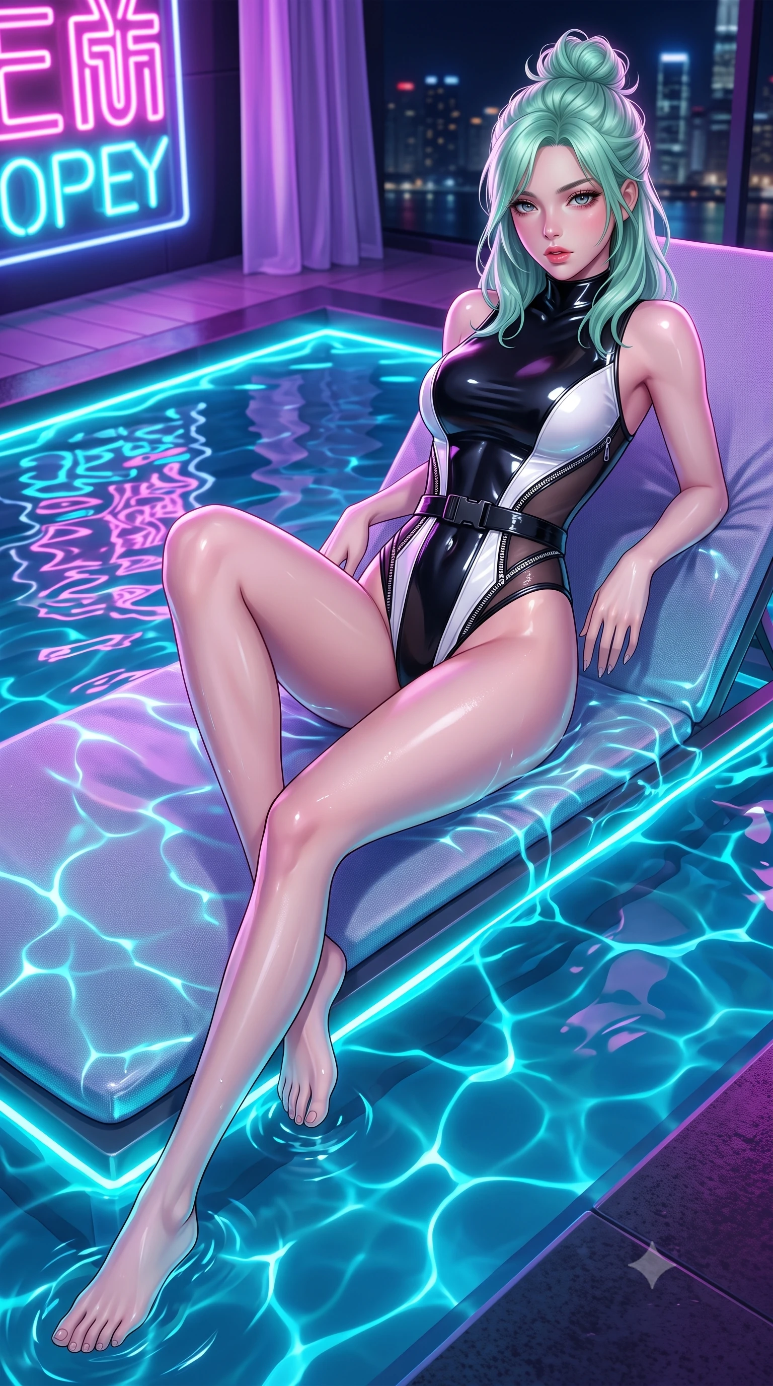 score_9, masterpiece, best quality, ultra-detailed, high-budget anime keyframe, semi-realistic 3D game render, editorial fashion photography, tasteful artistic composition, Japanese woman. low angle full-body shot from head to toe showing her feet, filling the entire 9:16 vertical frame with her statuesque presence, stretching her vertical silhouette. striding forward in a proud supermodel runway stride, hips swaying in an alluring kinetic rhythm that accentuates her curvy hourglass silhouette while reclining on a submerged pool daybed with water lapping at her waist, arching her spine as glowing cyan pool caustics trace her curvy hips. The surrounding environment is rendered in vivid detail and crisp panoramic clarity. detailed neon sign typography, wet fabric sheen, and night skyline reflections in high clarity. She has an absolutely perfect, statuesque 8.5-heads proportion, an exceptionally tall and slender model-like female figure with impossibly long slender legs, a toned flat midriff, an ultra-slim waist, and beautifully sculpted feminine hips. sharp v-shaped jawline, high-bridge nose, intricate jewel-like eyes with depth, thick eyelashes, glossy parted lips with a natural sheen, intensely captivating and seductive bedroom-eyes expression, flawlessly proportioned anatomical accuracy, strict slender model proportions, natural body alignment, perfectly sculpted long slender limbs, ultra-slim waistline, clean dynamic posture without body distortion. wearing a high-mobility athletic monokini with sheer mesh side contours and tactical buckle belt in high-contrast monochrome white and glossy black, tailored from second-skin aerodynamic stretch vinyl with specular sheen, accented with diagonal metal zippers running across the side-waist cutouts, the liquid-tight tailored fabric clinging flawlessly to her narrow waist and rounded feminine hips, emphasizing every millimeter of her sculpted hourglass curves during movement. bathed in glowing underwater cyan LED illumination and ambient violet neon cabana downlights. highly saturated vibrant anime colors, detailed shading with soft gradients, rich glossy textures, high-contrast stereoscopic depth, volumetric dynamic lighting, master piece, 9:16 ratio