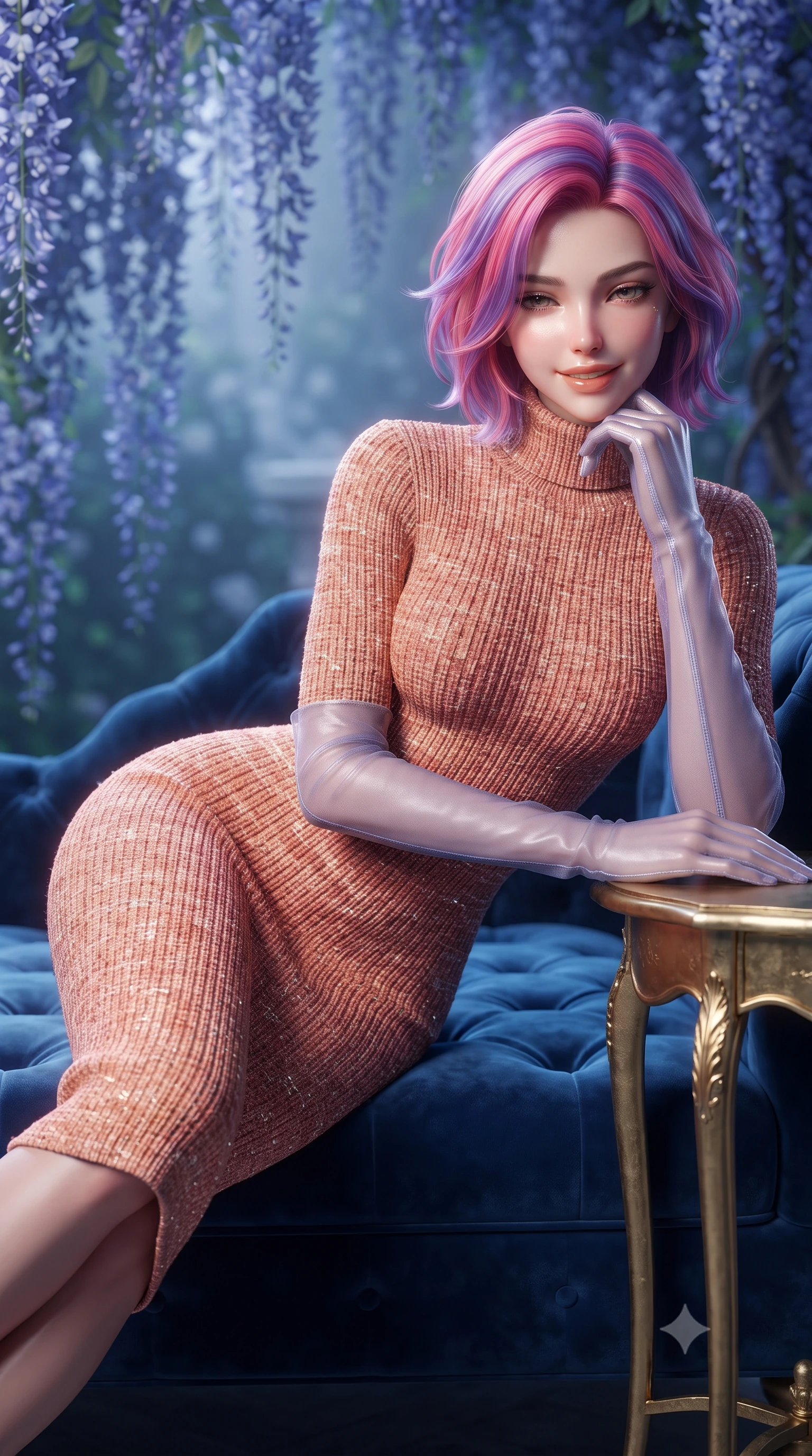 score_9, masterpiece, best quality, ultra-detailed, high-budget anime keyframe, editorial fashion photography, tasteful artistic composition, Caucasian woman. close-up cowboy shot from the waist and thighs up, the character dominates the composition, filling the frame with her large presence. resting one elbow on the table and supporting her chin, leaning close to the camera with heavy-lidded sparkling eyes and parted lips while reclining gracefully across the plush daybed with legs extended, flashing an enchanting, flirtatious smile toward the lens. The background shows a soft-focus wisteria vines softened in romantic Provençal midnight shallow focus. She has an exceptionally elegant, slender, and willowy female figure with an ultra-slim waist, flat toned midriff, narrow ribcage, and sculpted feminine hips creating an alluring, slim hourglass silhouette without bulk. sharp v-shaped jawline, high-bridge nose, intricate jewel-like sparkling eyes with depth, thick eyelashes, glossy parted lips with a natural peach sheen, bright cheerful beaming smile with an enchanting and coquettish sensual glint, exuding both youthful cute charm and seductive allure, flawlessly proportioned anatomical accuracy, strict slender model proportions, natural body alignment, perfectly sculpted long slender limbs, ultra-slim waistline, clean dynamic posture without body distortion. wearing a form-fitting ribbed knit midi dress with high turtleneck hugging every contour of her hourglass frame in Palm Springs desert sunset coral and warm honey champagne, woven from structured British tweed with subtle metallic flecks, complemented by sheer opera-length evening gloves tracing her slender arms, the impeccably tailored cut draping gracefully along her slender figure with aristocratic poise. illuminated by terrace stone bounce and sharp silver-lavender rim lights sculpting her razor-sharp jawline, narrow waist, and curvy hips. ultra-reflective glossy finish, specular highlights, rich textural contrasts, high-contrast stereoscopic depth, volumetric dynamic lighting, 2k, ultra detail, master piece, 9:16 ratio