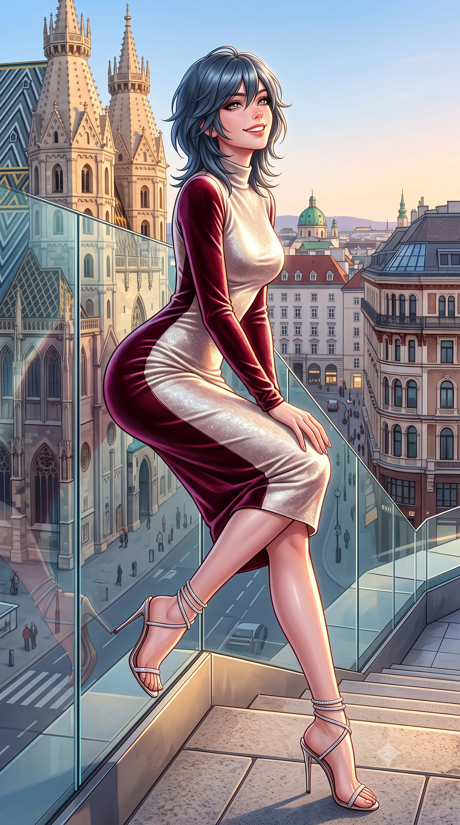 score_9, masterpiece, best quality, ultra-detailed, high-budget anime keyframe, semi-realistic 3D game render, editorial fashion photography, tasteful artistic composition, Caucasian woman. low angle full-body shot from head to toe showing her feet, filling the entire 9:16 vertical frame with her statuesque presence, stretching her vertical silhouette. sitting poised on the stone steps with one knee bent, arching her spine with supermodel elegance as she glances upward through thick eyelashes while leaning against the frameless glass balustrade with hips cocked back, looking out over historic Ringstraße grand boulevards with smoldering bedroom-eyes. The surrounding environment is rendered in vivid detail and crisp panoramic clarity: detailed garment drape, silhouette contours, and historic gothic cathedral stonework in high resolution. She has an exceptionally tall and slender model-like 8.5-heads proportion, an ultra-slim waist, a flat toned midriff, narrow delicate ribcage, and beautifully sculpted feminine hips creating a graceful, slim hourglass silhouette without any bulky heaviness, with impossibly long slender legs. sharp v-shaped jawline, high-bridge nose, intricate jewel-like sparkling eyes with depth, thick eyelashes, glossy parted lips with a natural peach sheen, bright cheerful beaming smile with an enchanting and coquettish sensual glint, exuding both youthful cute charm and seductive allure, flawlessly proportioned anatomical accuracy, strict slender model proportions, natural body alignment, perfectly sculpted long slender limbs, ultra-slim waistline, clean dynamic posture without body distortion. wearing a sculpted metallic lurex knit column dress clinging smoothly to her curves with radiant shimmer in Belvedere ivory pearl and Habsburg bordeaux wine, tailored from ultra-plush silk velvet with rich tactile depth and deep shadow gradients, complemented by strappy stiletto sandals with crystal ankle wraps accentuating her slender calves, the glove-like clinging cut tightly following the natural contour of her hips and long slender legs with youthful 8.5-heads elegance. illuminated by glass reflection bounce and sharp platinum-gold rim lights defining her dewy collarbones, ultra-slim waist, and curvy hips. highly saturated vibrant anime colors, detailed shading with soft gradients, rich glossy textures, high-contrast stereoscopic depth, volumetric dynamic lighting, master piece, 9:16 ratio