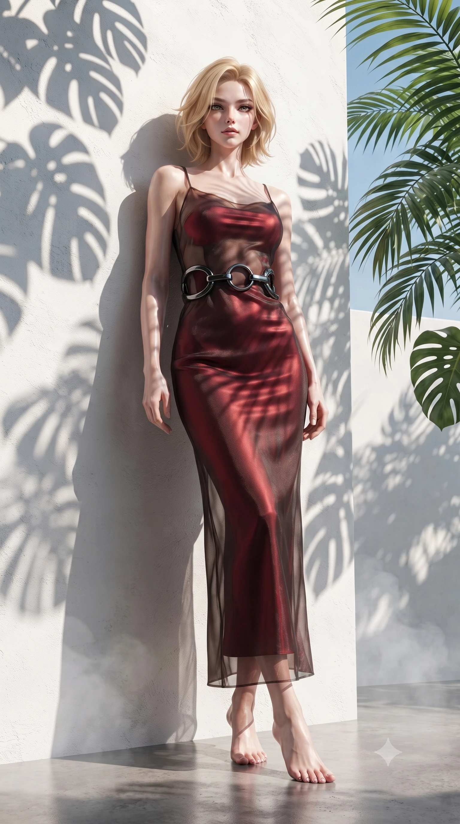 score_9, masterpiece, best quality, ultra-detailed, high-budget anime keyframe, editorial fashion photography, tasteful artistic composition, Caucasian woman. low angle full-body shot from head to toe showing her feet, filling the entire 9:16 vertical frame with her statuesque presence, stretching her vertical silhouette. forging confidently through the floating mist, holding a poised statuesque stance, resting against a white plaster wall wrapped in lush green monstera shadows, crisp sky blue and white background providing high-definition contrast. She has an absolutely perfect, statuesque 8.5-heads proportion, an exceptionally tall and slender model-like female figure with impossibly long slender legs and an ultra-slim waist. sharp v-shaped jawline, high-bridge nose, intricate jewel-like eyes with depth, thick eyelashes, glossy lips with a natural sheen. wearing form-contouring dark crimson liquid silk long slip dress in pearl white, made of sheer dark organza overlay, accented with sculpted obsidian chrome rings at the waist, following her slender form with tailored precision. bathed in bright golden sunlight filtering through tropical palm fronds. ultra-reflective glossy finish, specular highlights, metallic sheen, high-contrast stereoscopic depth, volumetric dynamic lighting, 2k, ultra detail, master piece, 9:16 ratio