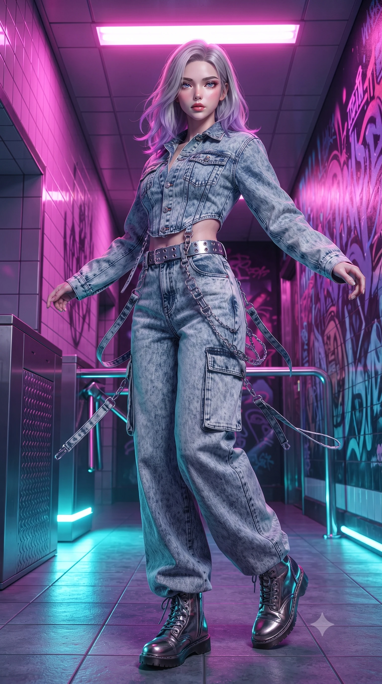 score_9, masterpiece, best quality, ultra-detailed, high-budget anime keyframe, editorial fashion photography, tasteful artistic composition, Caucasian woman. low angle full-body shot from head to toe showing her feet, filling the entire 9:16 vertical frame with her statuesque presence, stretching her vertical silhouette. executing an elegant mid-motion spin with effortless grace, her garments fluttering softly around her ultra-slim waistline while posing dynamically in a futuristic subway station corridor covered in glowing ultraviolet cyber-graffiti murals. The surrounding environment is rendered in vivid detail and crisp panoramic clarity. intricate ultraviolet graffiti lettering, reflective tiled walls, and metallic turnstile textures in deep focus. She has an absolutely perfect, statuesque 8.5-heads proportion, an exceptionally tall and slender model-like female figure with impossibly long slender legs, a toned flat midriff, and an ultra-slim waist. sharp v-shaped jawline, high-bridge nose, intricate jewel-like eyes with depth, thick eyelashes, glossy lips with a natural sheen, captivating and magnetic expression, flawlessly proportioned anatomical accuracy, strict slender model proportions, natural body alignment, perfectly sculpted long slender limbs, ultra-slim waistline, clean dynamic posture without body distortion. wearing a deconstructed denim corseted crop jacket paired with high-waisted wide-leg utility jeans and a silver grommet belt in acid-wash light denim and dark chrome, tailored from distressed structured cotton denim with metallic thread, accented with hanging industrial clip straps and chrome chain links edition #29, the liquid-tight tailored fabric emphasizing every curve of her tall, slender model proportions and sculptured silhouette during dynamic movement. bathed in high-contrast dual lighting of neon pink floodlights and electric cyan underlights. ultra-reflective glossy finish, specular highlights, rich textural contrasts, high-contrast stereoscopic depth, volumetric dynamic lighting, 2k, ultra detail, master piece, 9:16 ratio